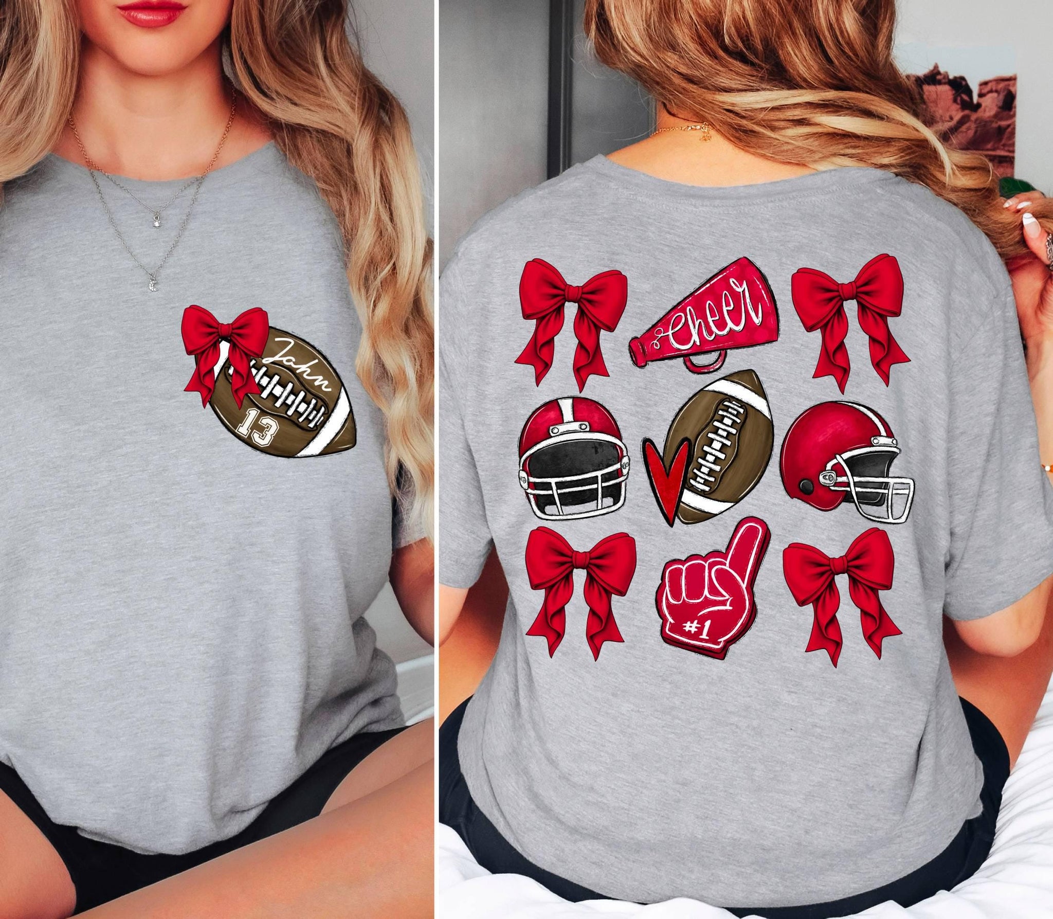 Custom Football Mom Shirt, Mascot Bow Front & Back Shirt, Coquette Bow School Spirit Tshirt, Cute Cheer Mascot Tee,Cheerleader Cheer Mom Tee 1 FB2308