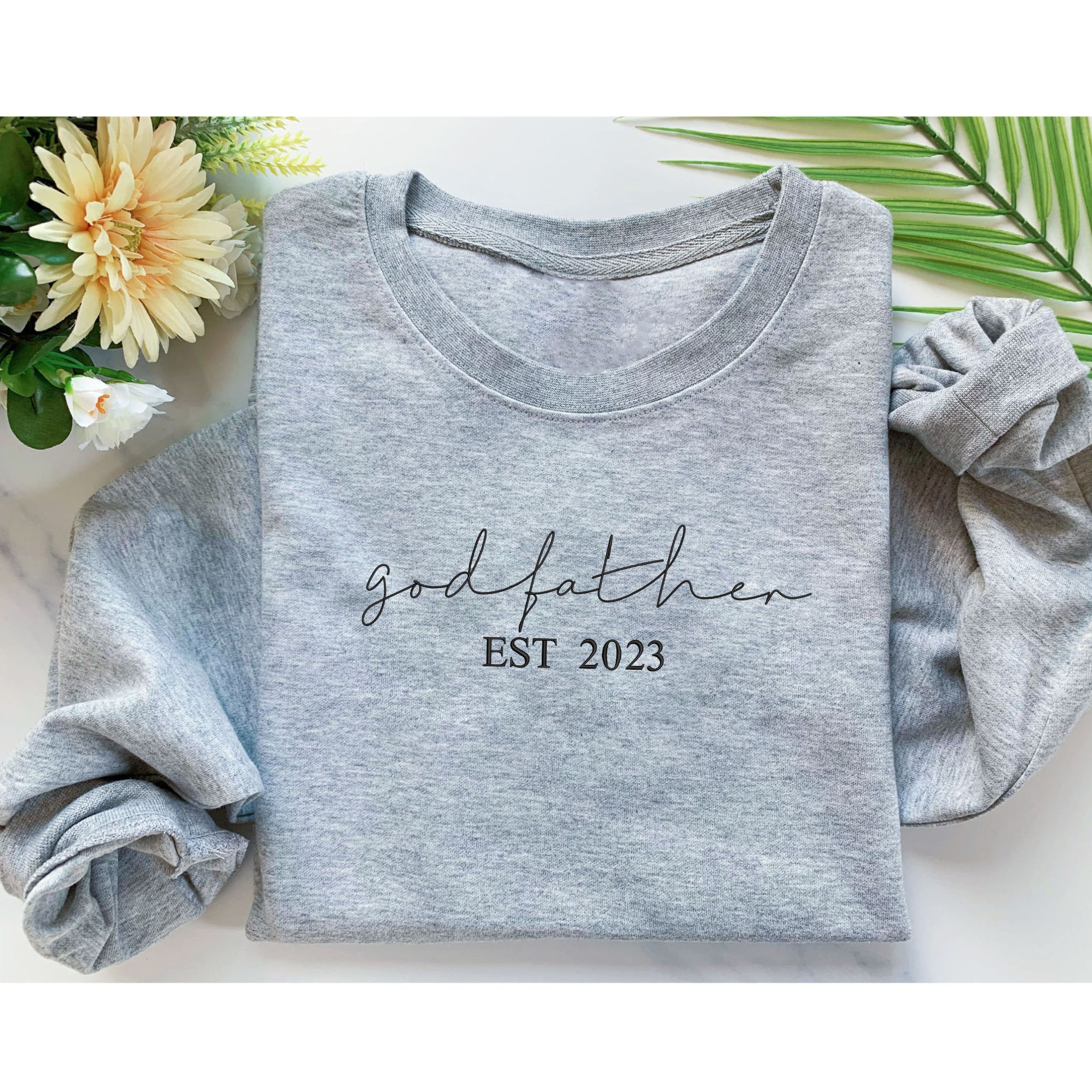 Custom God Father EST Sweatshirt With Kids Name On Sleeve, Best Godfather Gifts From Godson em1