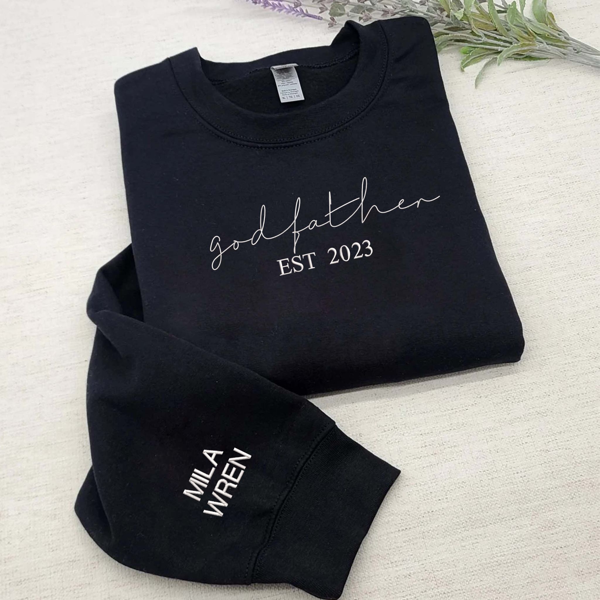 Custom God Father EST Sweatshirt With Kids Name On Sleeve, Best Godfather Gifts From Godson em1