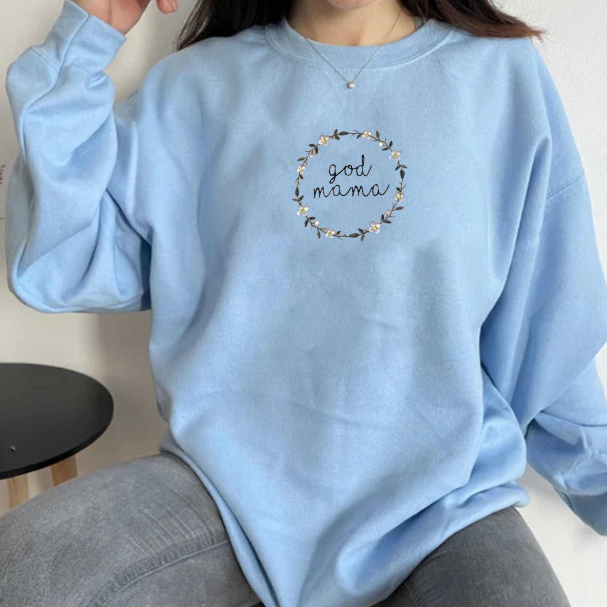 Custom God Mother Embroidery Sweatshirt, Personalized Crewneck On The Sleeve, Best Gift For Mother Day's em1