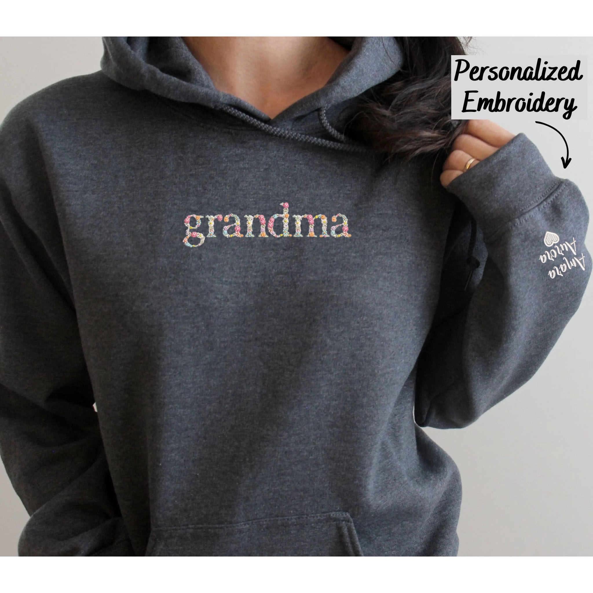 Custom Grandma Hoodie, Embroidery Hoodie Flower Letter, Gifts for Grandparents EM3
