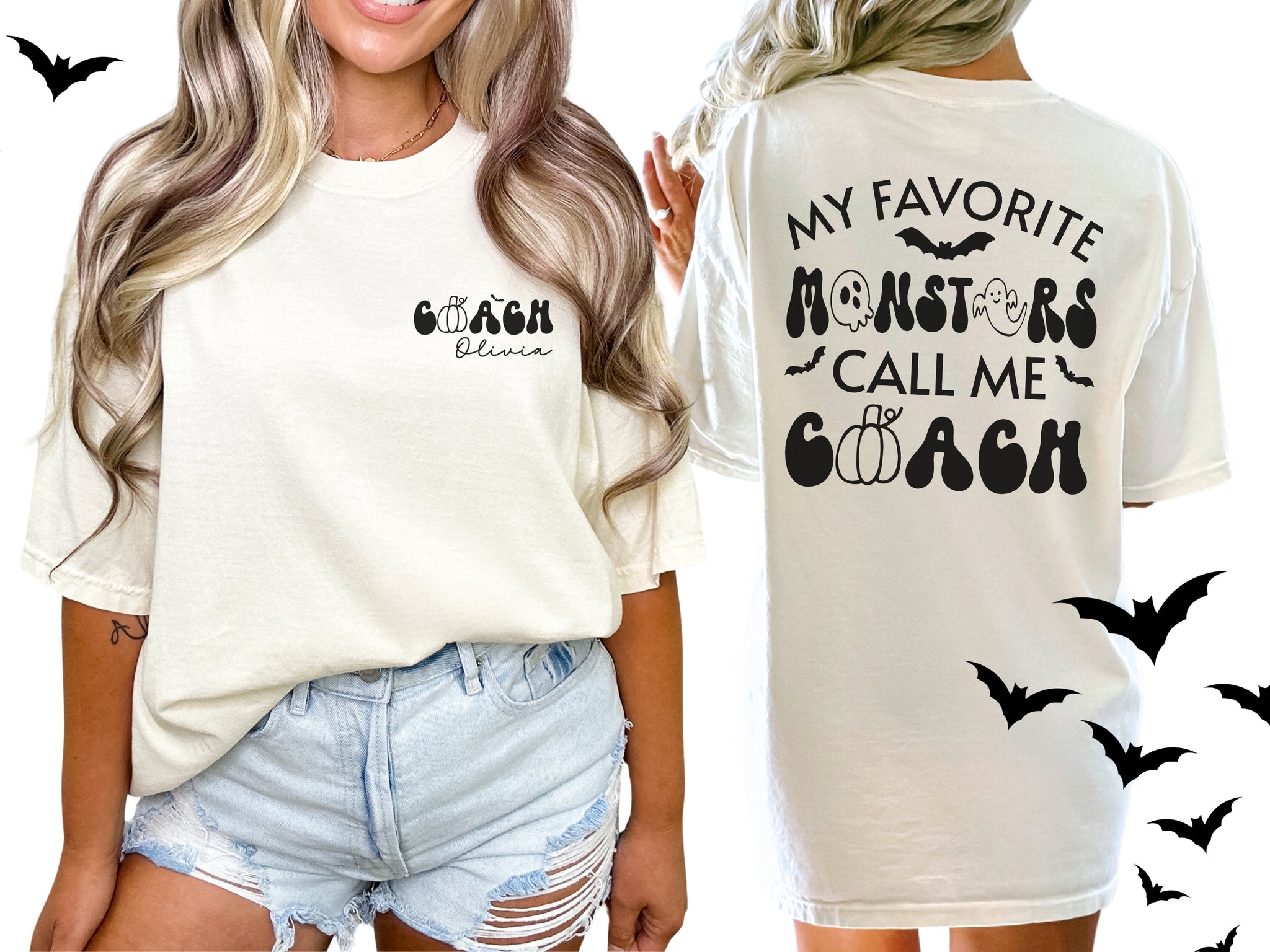 Custom Halloween Coach Shirt with Name, My Favorite Monsters Call Me Coach TShirt, Personalized Coach T Shirt, Cute Sports Gift for Coach CUSFB