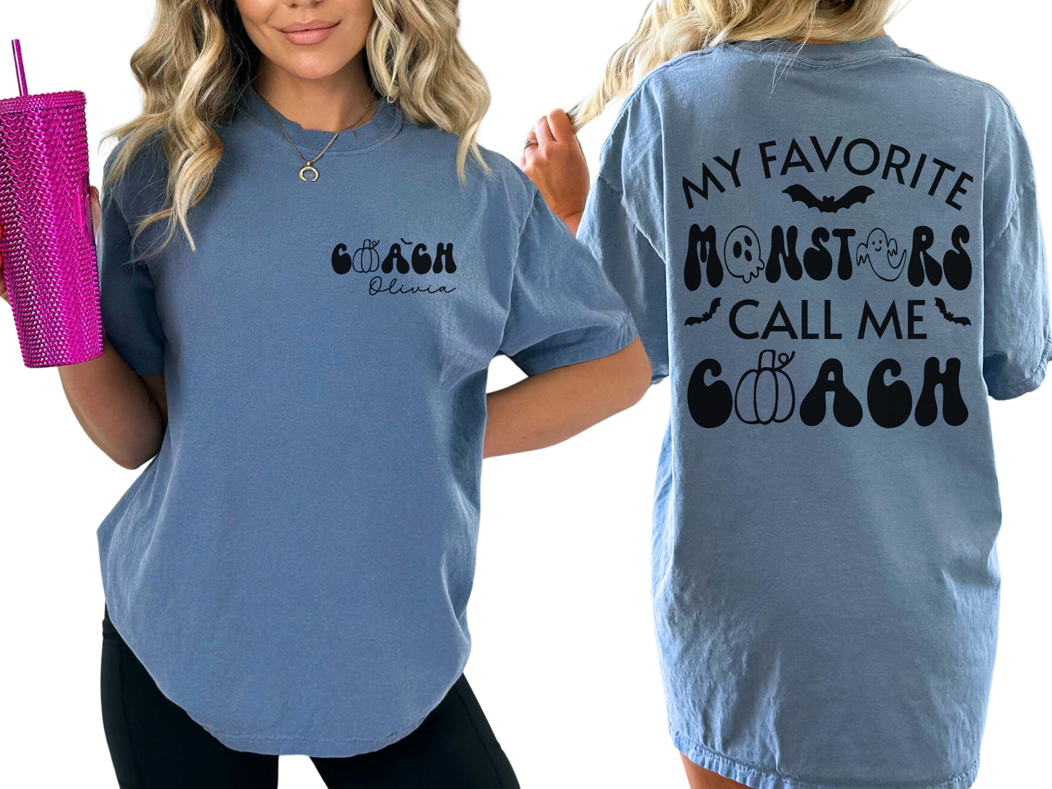 Custom Halloween Coach Shirt with Name, My Favorite Monsters Call Me Coach TShirt, Personalized Coach T Shirt, Cute Sports Gift for Coach CUSFB