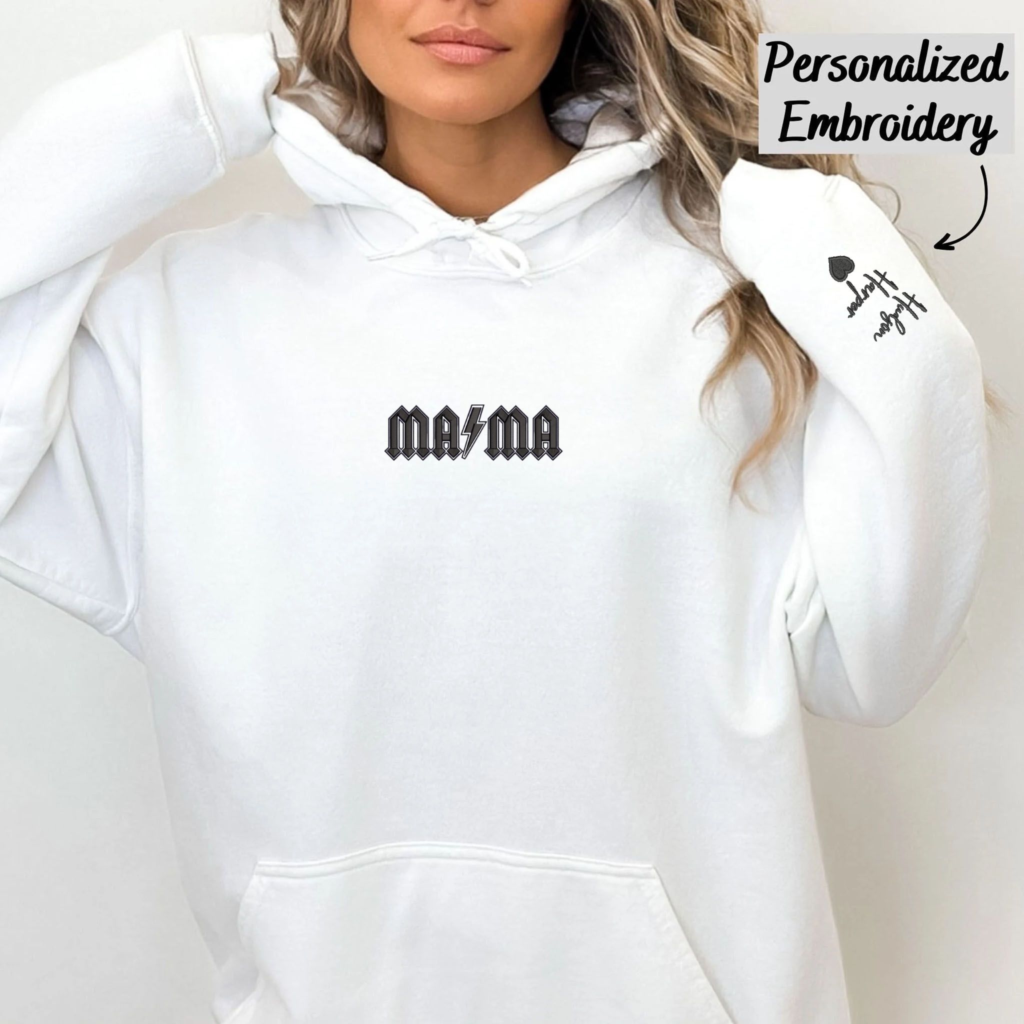 Custom Mama Lightning Bolt Embroidery Hoodie, Personalized Hoodie With Initial On Sleeve EM5