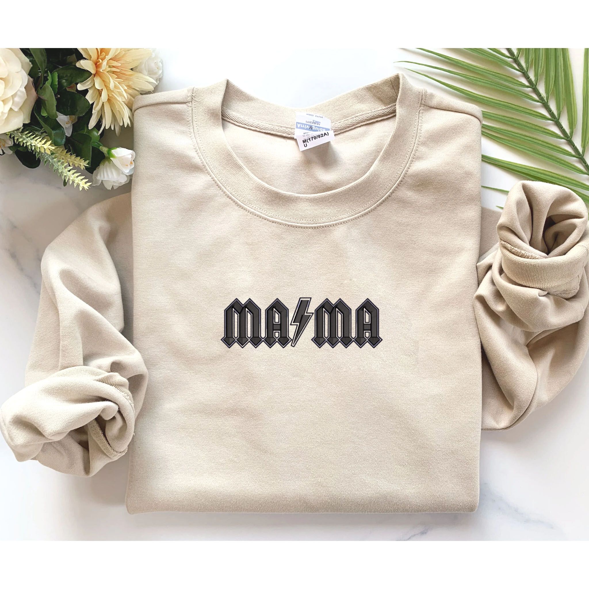 Custom Mama Lightning Bolt Embroidery Sweatshirt, Personalized Crewneck With Initial On Sleeve EM5