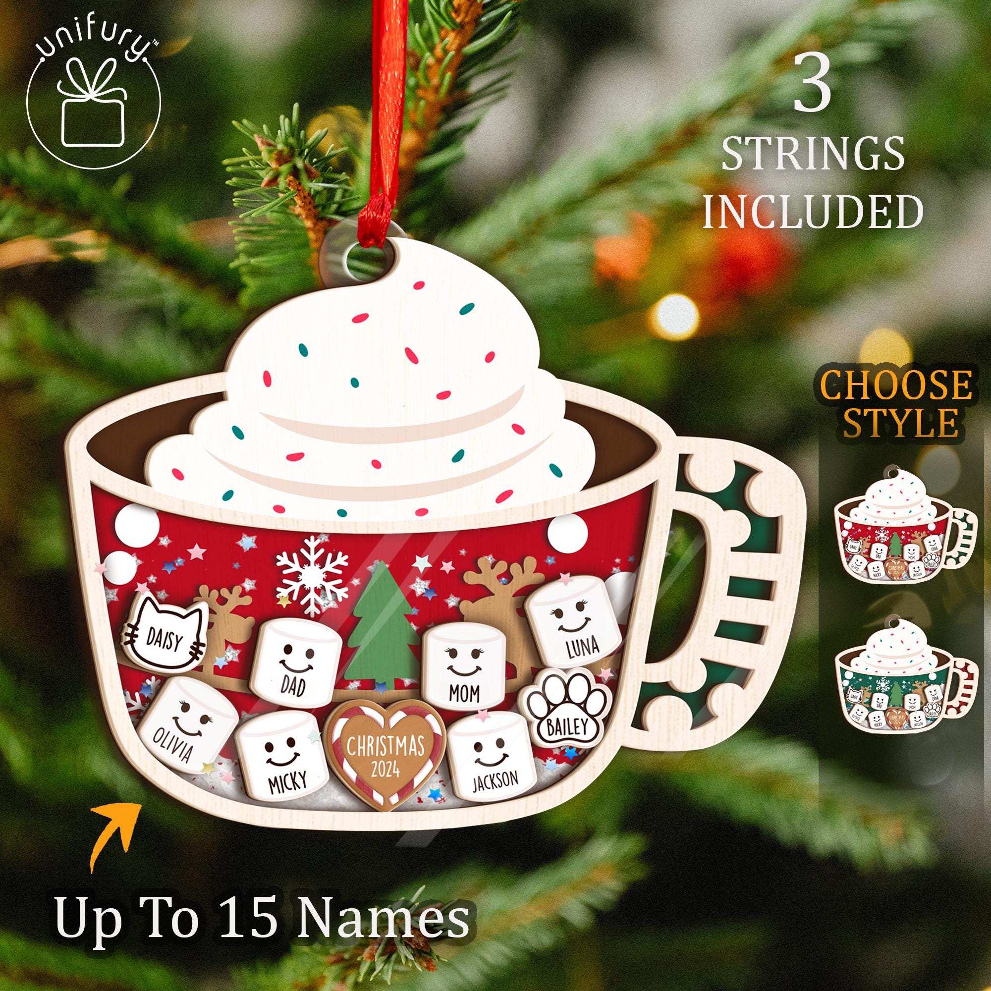 Custom Marshmallows Pet Family Shaker Ornament, 4D Shake Family Ornament With Pets, Gift For Christmas Family And Pets, Hot Chocolate ORH1710N