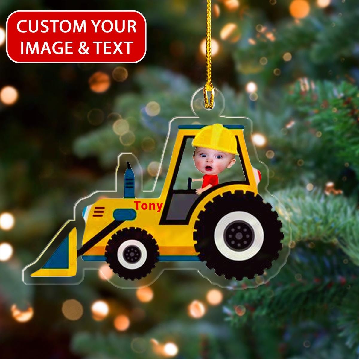 Custom Name Funny Kid Using Loader Machine Acrylic Ornament, Boy Using Excavator Machine Ornament, Keepsake Christmas Ornament ORNO5