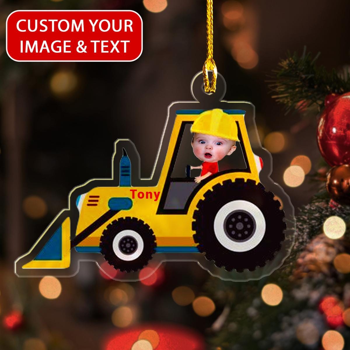 Custom Name Funny Kid Using Loader Machine Acrylic Ornament, Boy Using Excavator Machine Ornament, Keepsake Christmas Ornament ORNO5