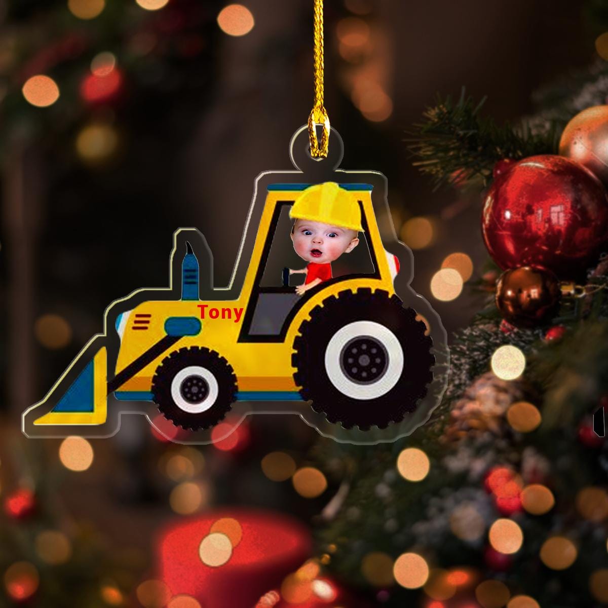 Custom Name Funny Kid Using Loader Machine Acrylic Ornament, Boy Using Excavator Machine Ornament, Keepsake Christmas Ornament ORNO5