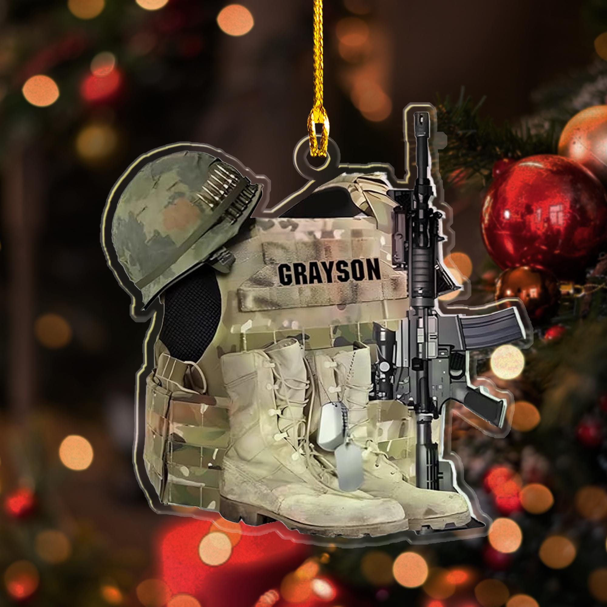 Custom Name Veteran Uniform Boots Helmet 2D Flat Christmas Ornament, Personalized Veteran Uniform Boots Hat Ornament 2024, Veteran Ornament ORNO5