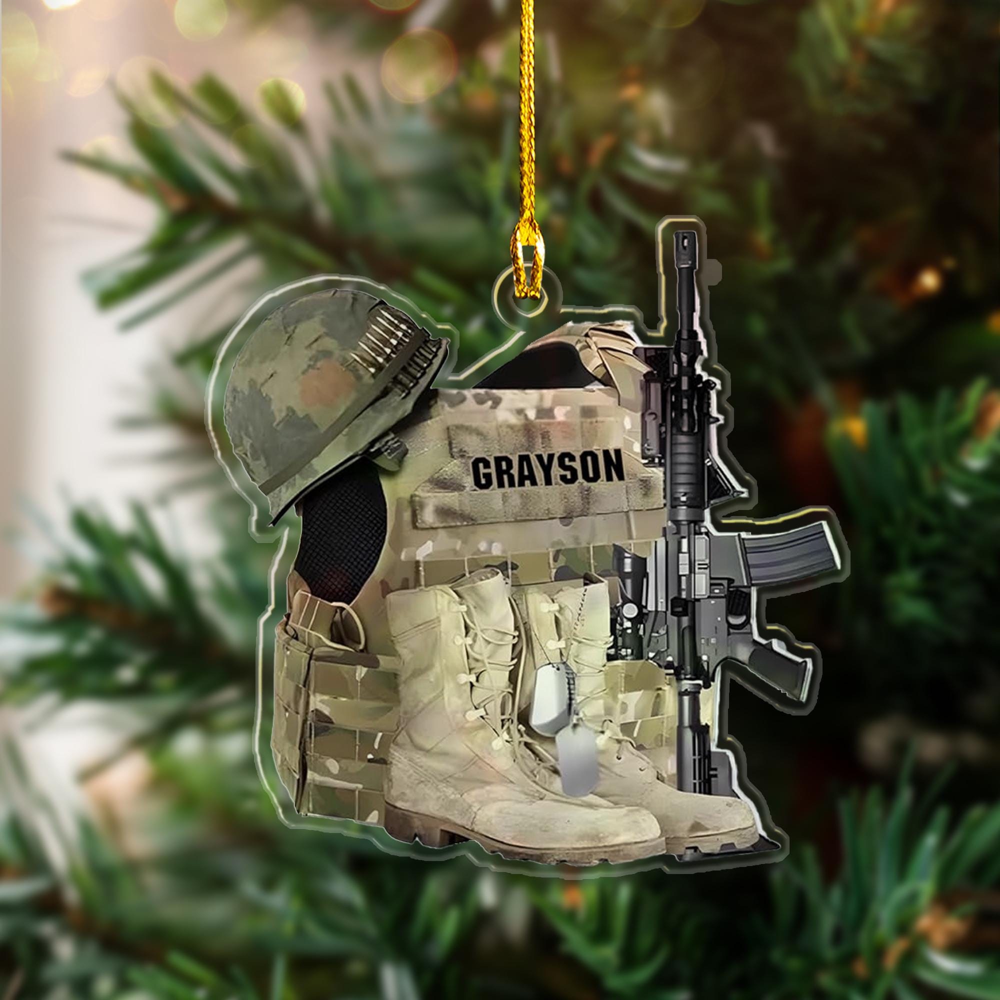 Custom Name Veteran Uniform Boots Helmet 2D Flat Christmas Ornament, Personalized Veteran Uniform Boots Hat Ornament 2024, Veteran Ornament ORNO5