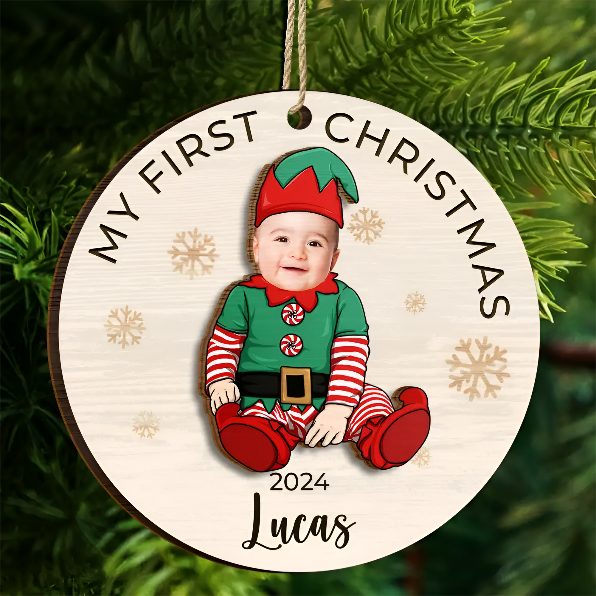 Custom Photo Baby's First Christmas Costumes - Personalized 2-Layered Wooden Ornament ORN02101
