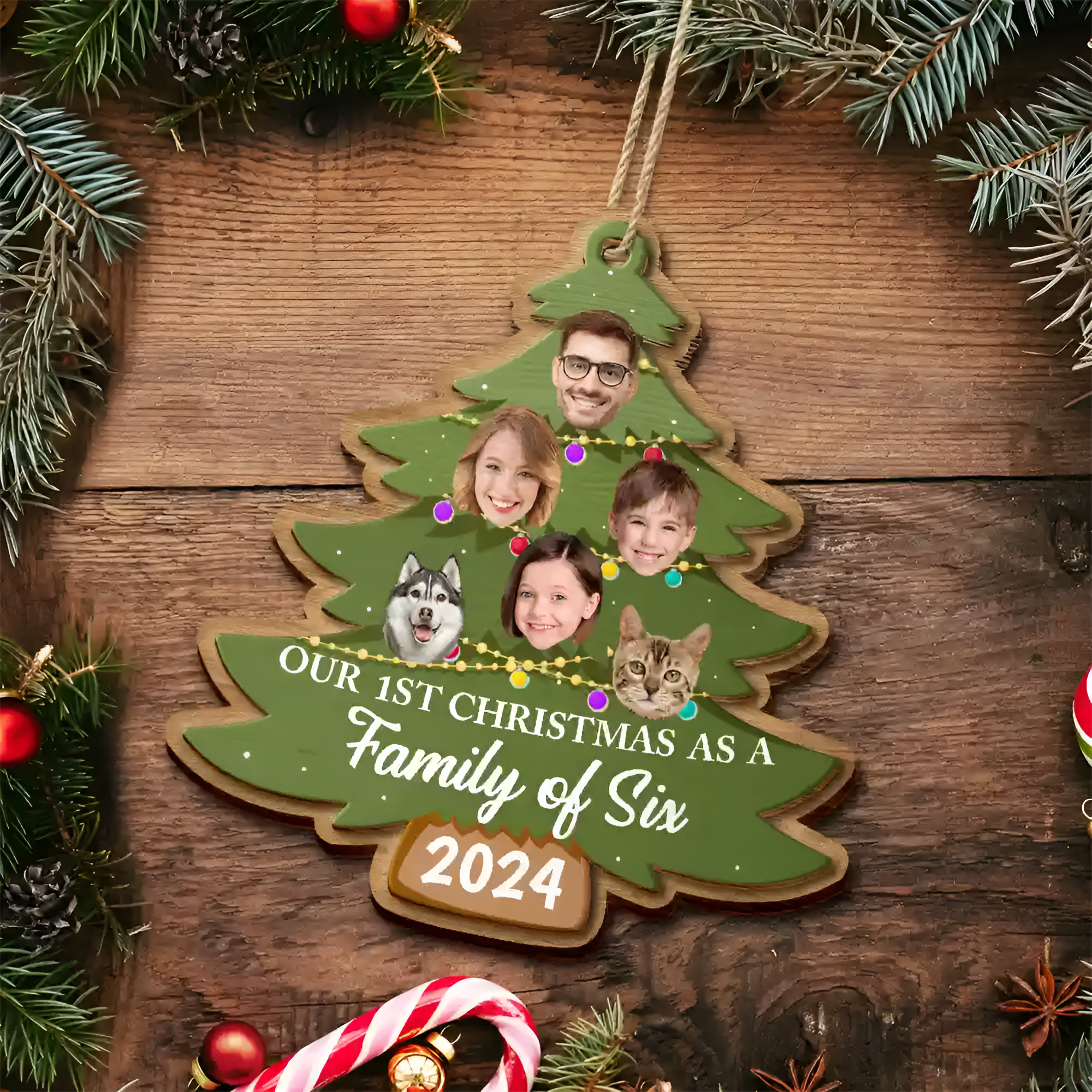 Custom Photo First Christmas As A Family Of Four Family Tree - Personalized 2-Layered Wooden Ornament ORN0310