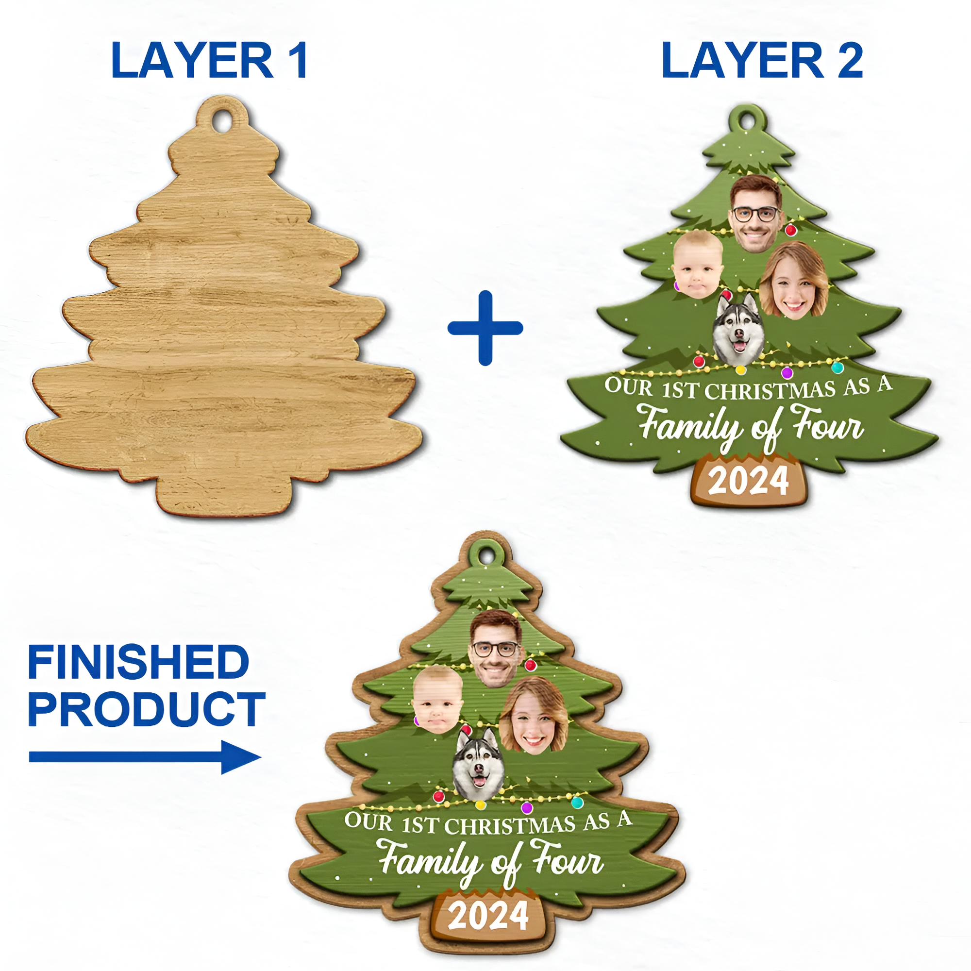 Custom Photo First Christmas As A Family Of Four Family Tree - Personalized 2-Layered Wooden Ornament ORN0310