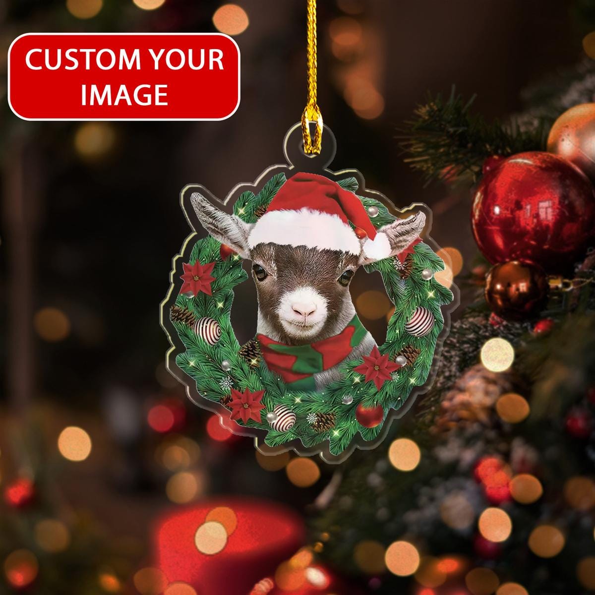 Custom Photo Goat Christmas Wreath Ornament, Christmas Goat 2024 Ornament, Goat Lovers Gift, Goat Farmhouse Christmas Tree Ornament ORNO5