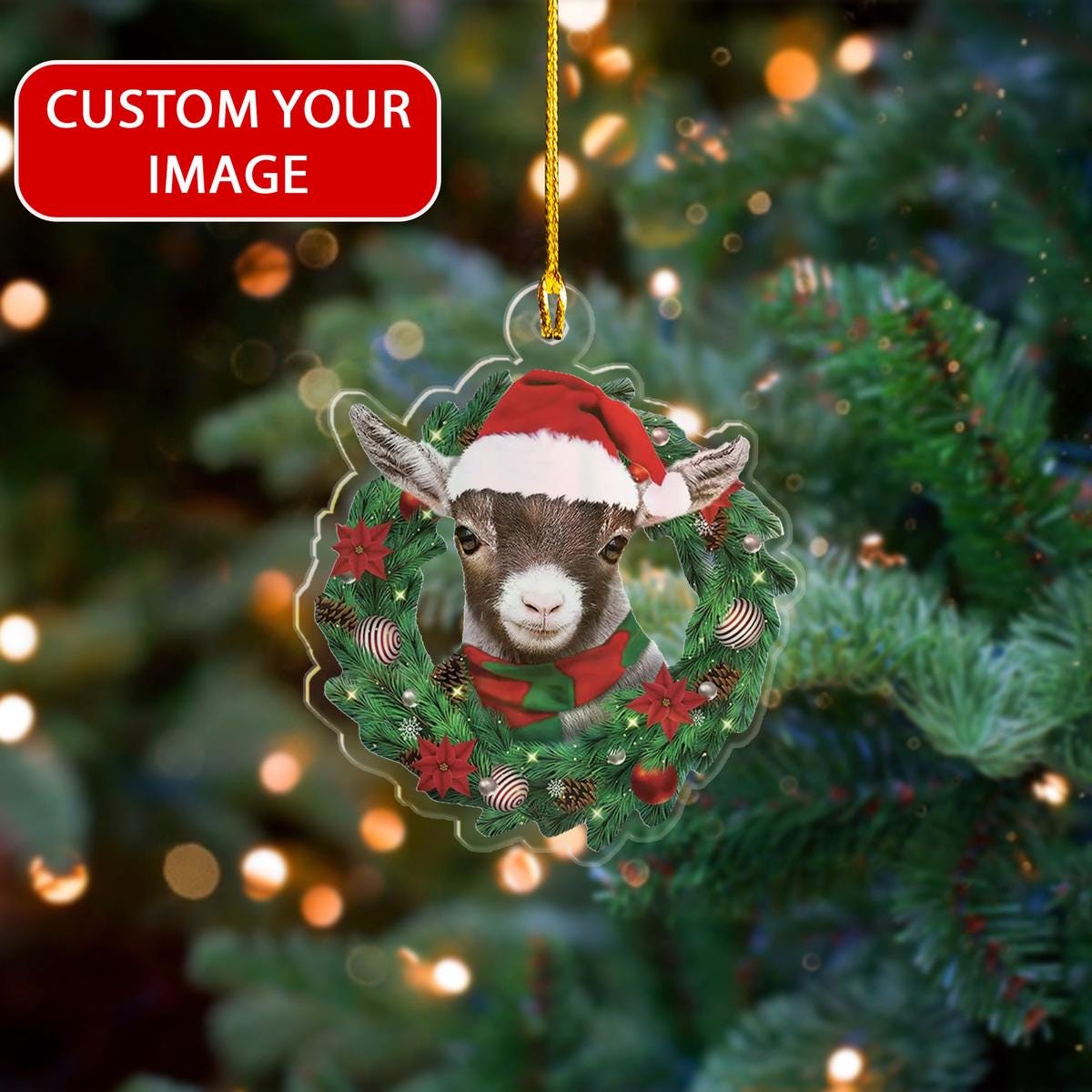 Custom Photo Goat Christmas Wreath Ornament, Christmas Goat 2024 Ornament, Goat Lovers Gift, Goat Farmhouse Christmas Tree Ornament ORNO5