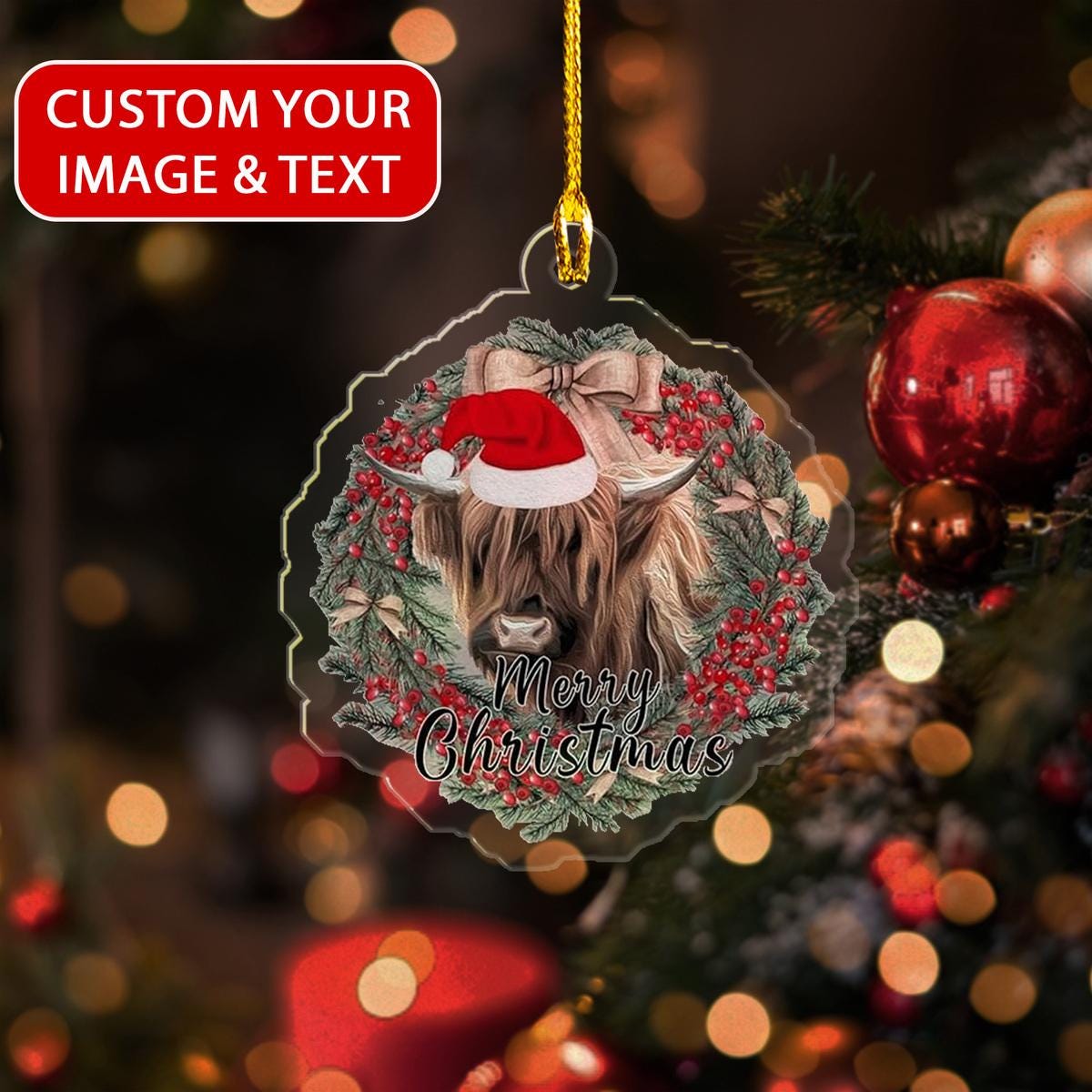 Custom Photo Highland Cow With Santa Hat Xmas Ornament, Highland Cow Merry Christmas Ornament, Keepsake Ornament, Santa Hat Ornament ORNO5