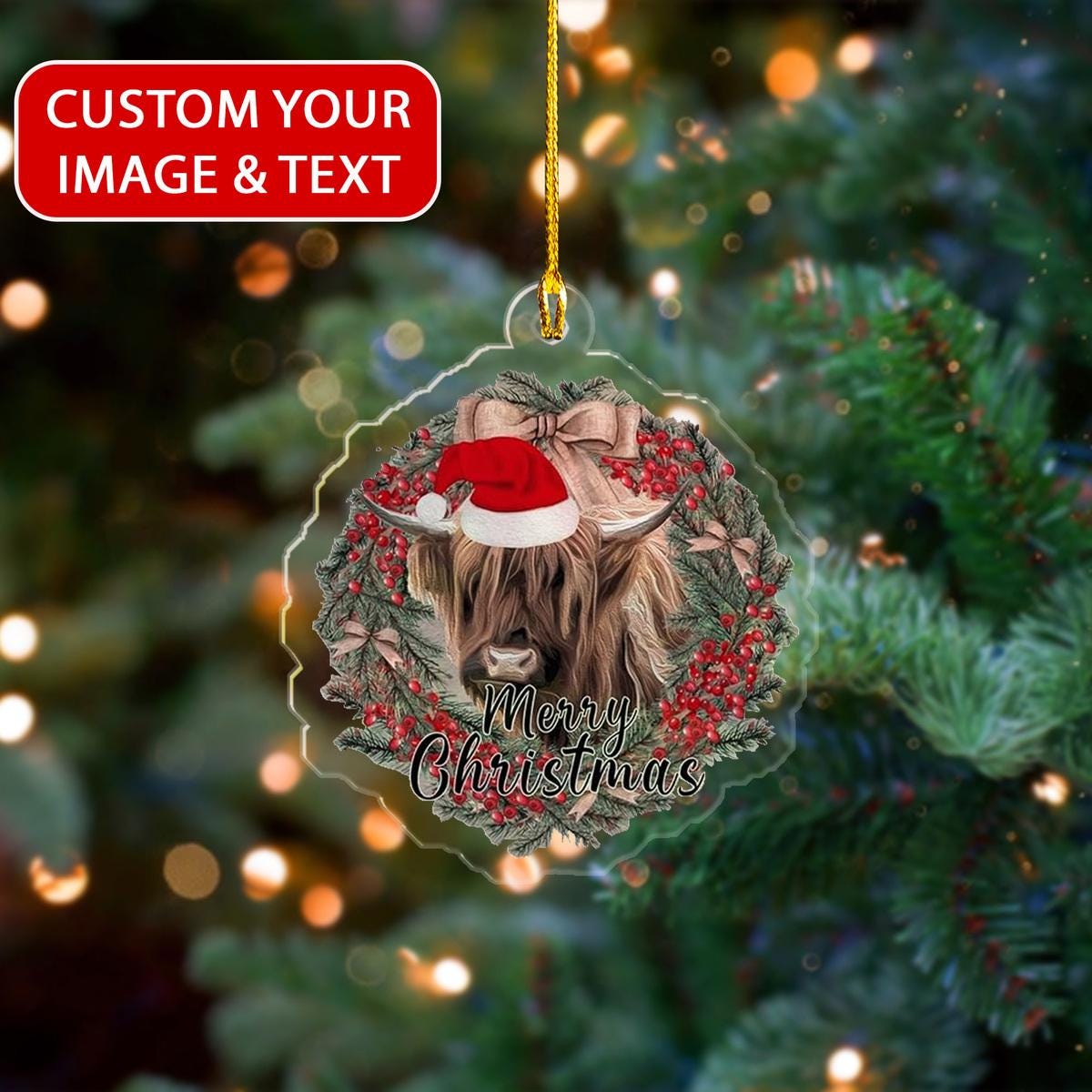 Custom Photo Highland Cow With Santa Hat Xmas Ornament, Highland Cow Merry Christmas Ornament, Keepsake Ornament, Santa Hat Ornament ORNO5