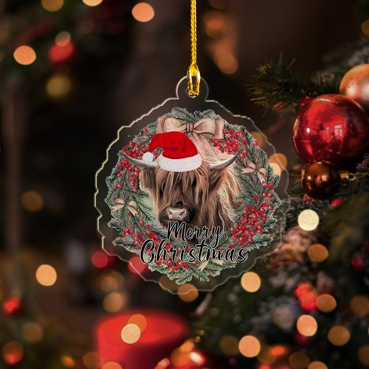 Custom Photo Highland Cow With Santa Hat Xmas Ornament, Highland Cow Merry Christmas Ornament, Keepsake Ornament, Santa Hat Ornament ORNO5