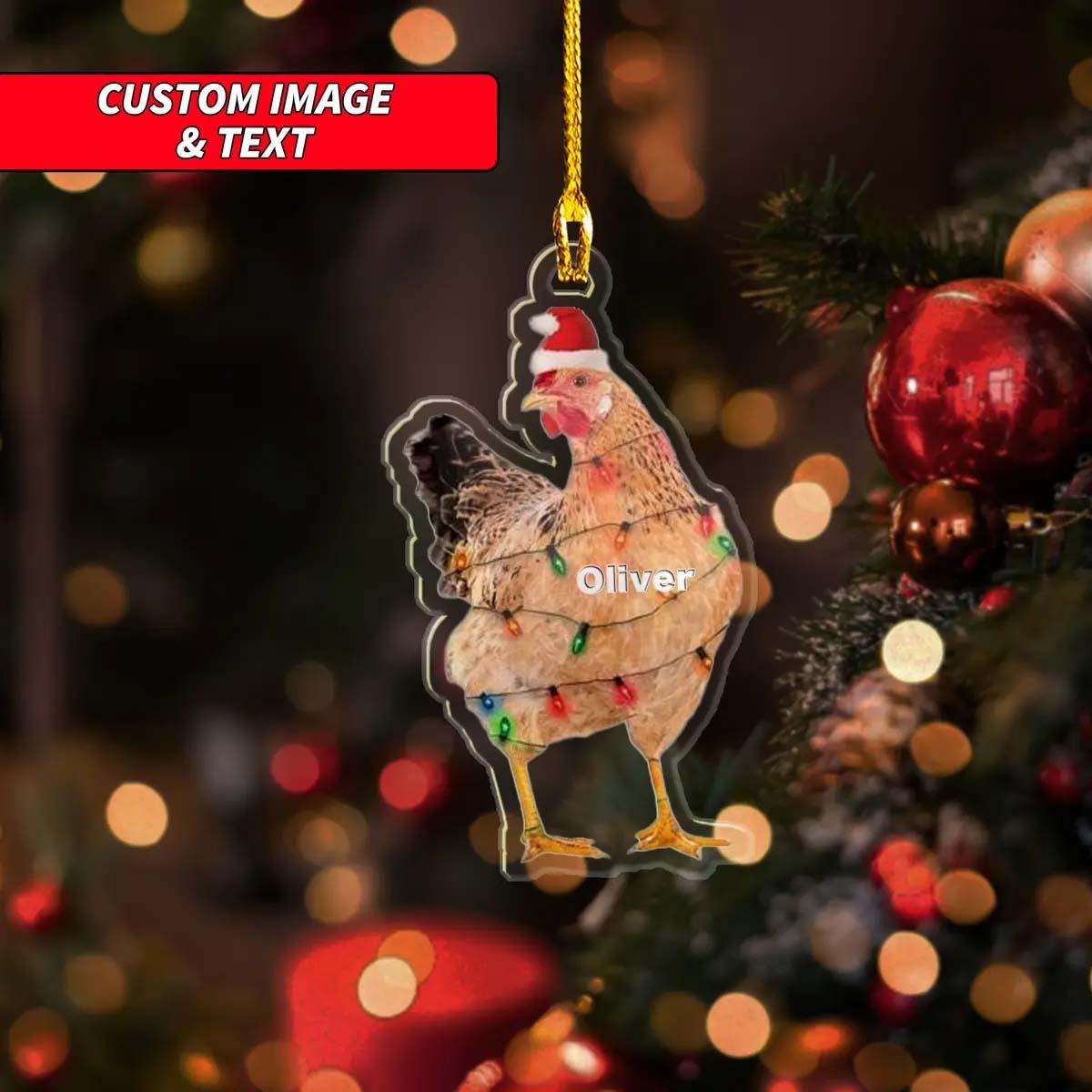 Custom Santa Hat Chicken Ornament, Personalized Chicken Christmas Light Ornament, 2D Flat Santa Hat Rooster Tree Hanging Ornament ORNO5