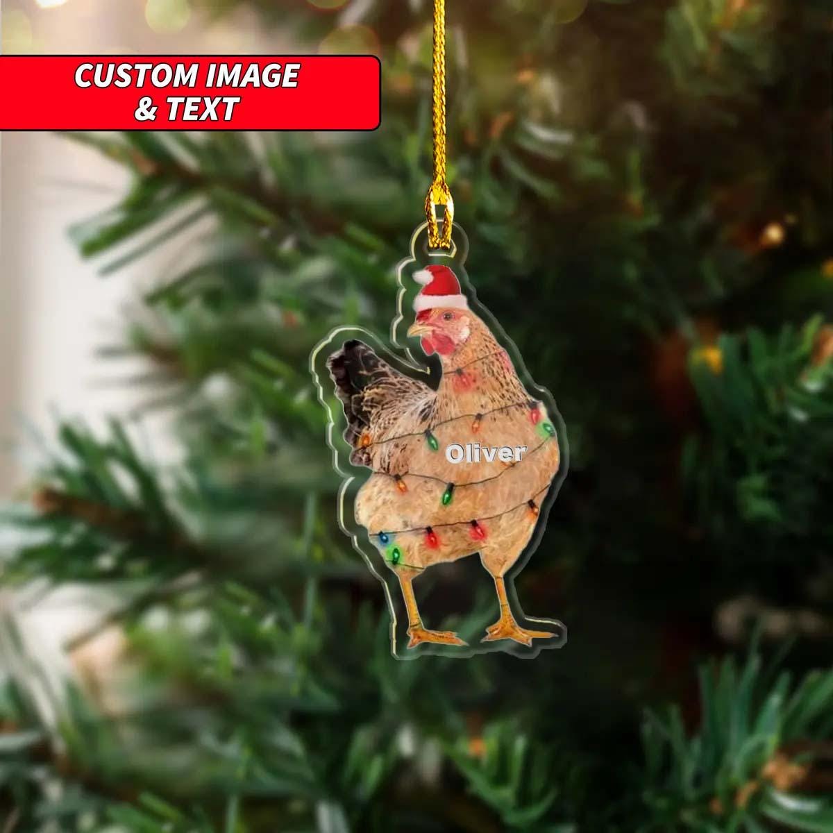 Custom Santa Hat Chicken Ornament, Personalized Chicken Christmas Light Ornament, 2D Flat Santa Hat Rooster Tree Hanging Ornament ORNO5
