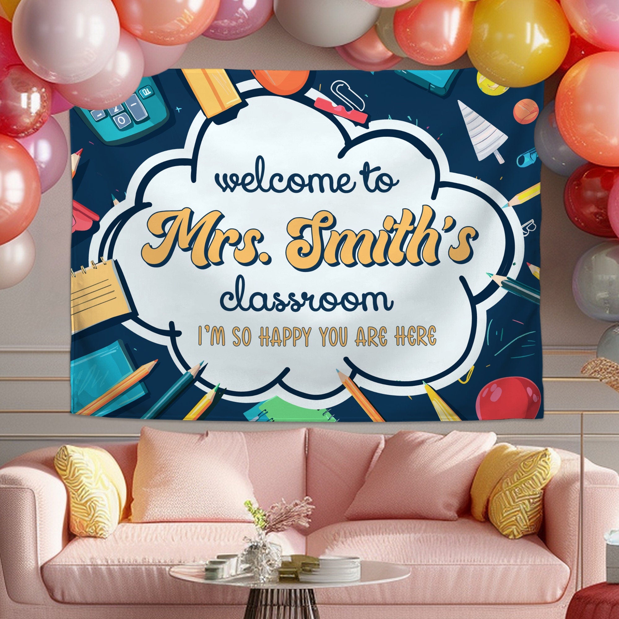 Custom Teachers Name Classroom Tapestry,Personalized Gift for Teacher Nursery Wall Hanging,Back to School Welcome to Class Tapestry TAPES1