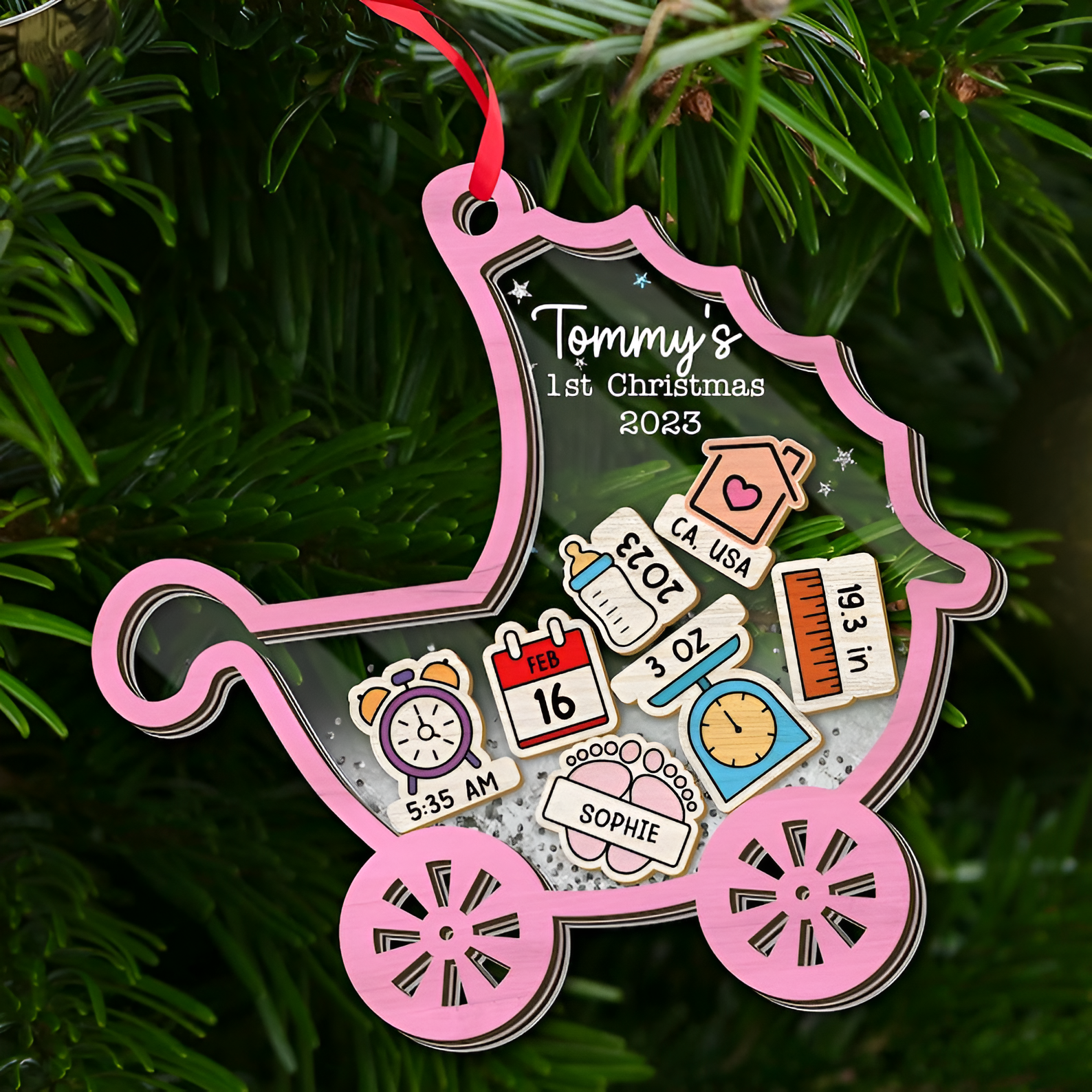 Custom Baby's First Christmas 5 - layer Ornament, Baby 1st Christmas Ornament, Baby Shaker Ornament, First Christmas Baby Boy Girl ORN2809