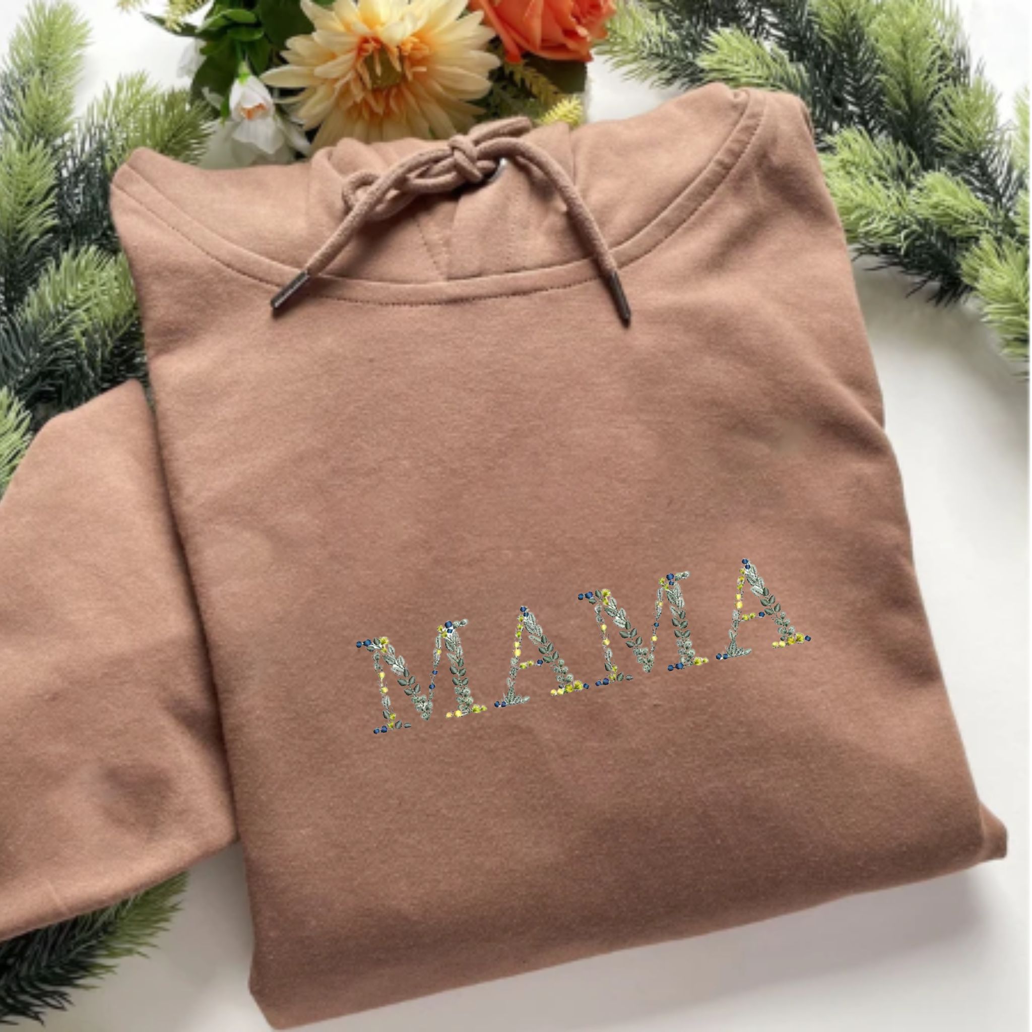 Customizable Floral Mama, Embroidery Hoodie with Flower Letter, Good Mom Gift Ideas EM3