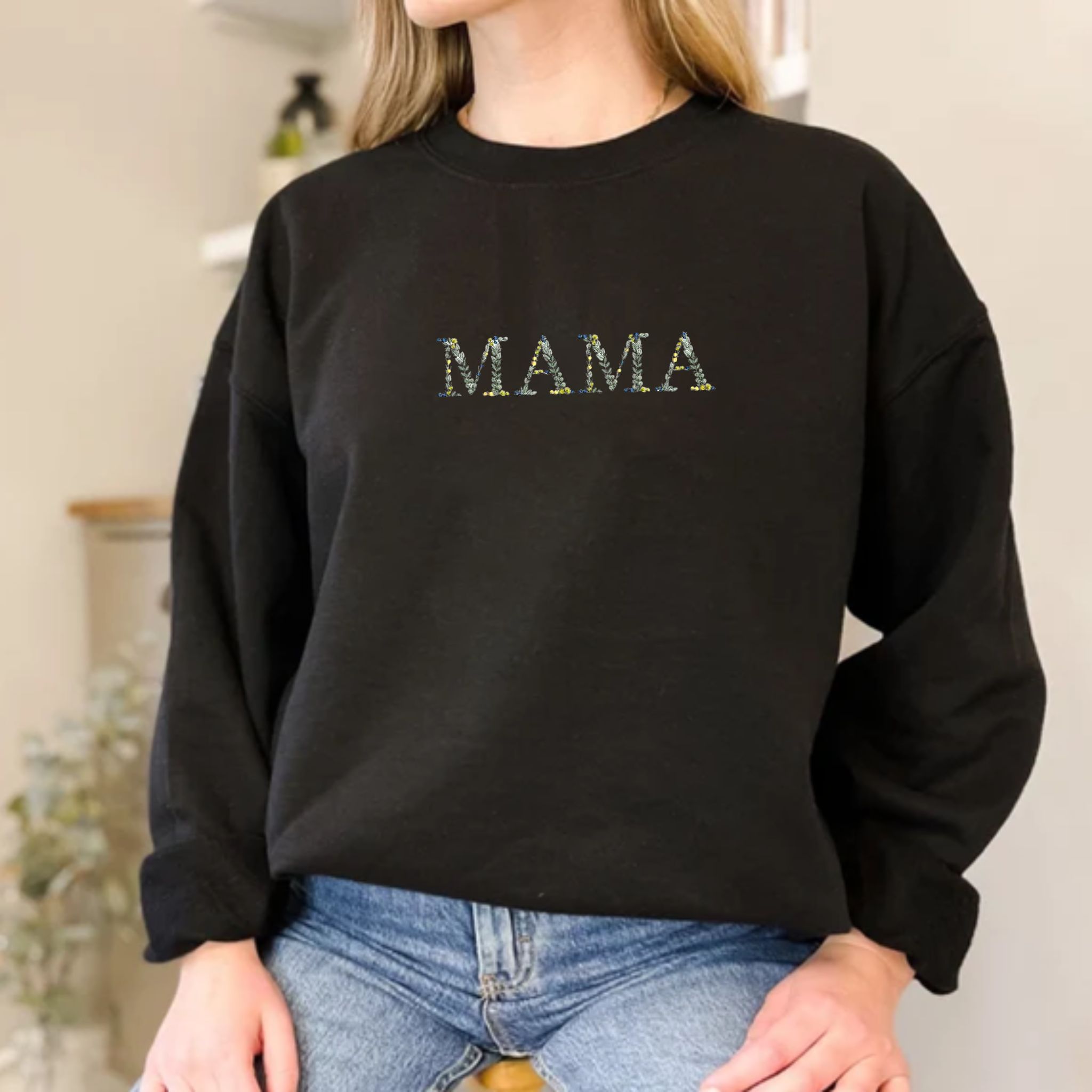 Customizable Floral Mama, Embroidery Sweatshirt with Flower Letter, Good Mom Gift Ideas EM3