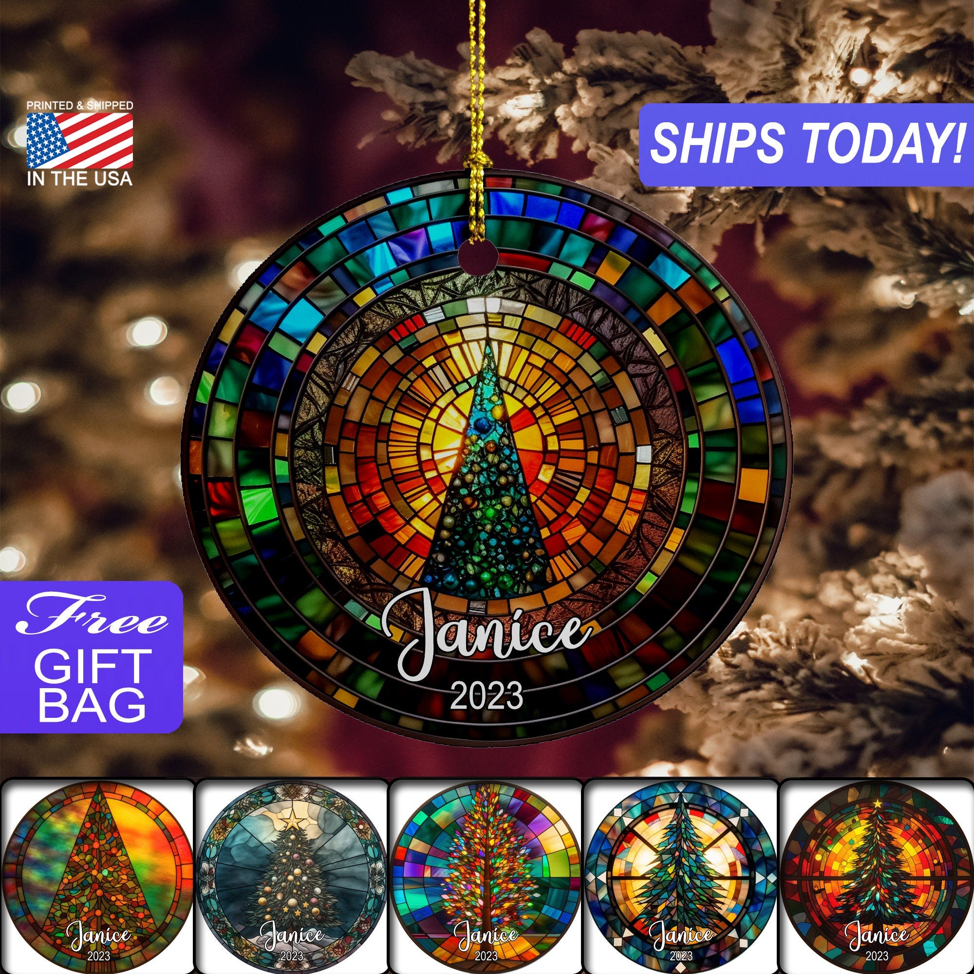 Cute Faux Stained Glass Christmas Tree, Custom Personalized Ceramic Stone Christmas Ornament, Gold Colored Ribbon, Choice of FREE Gift BAG! HAOR14