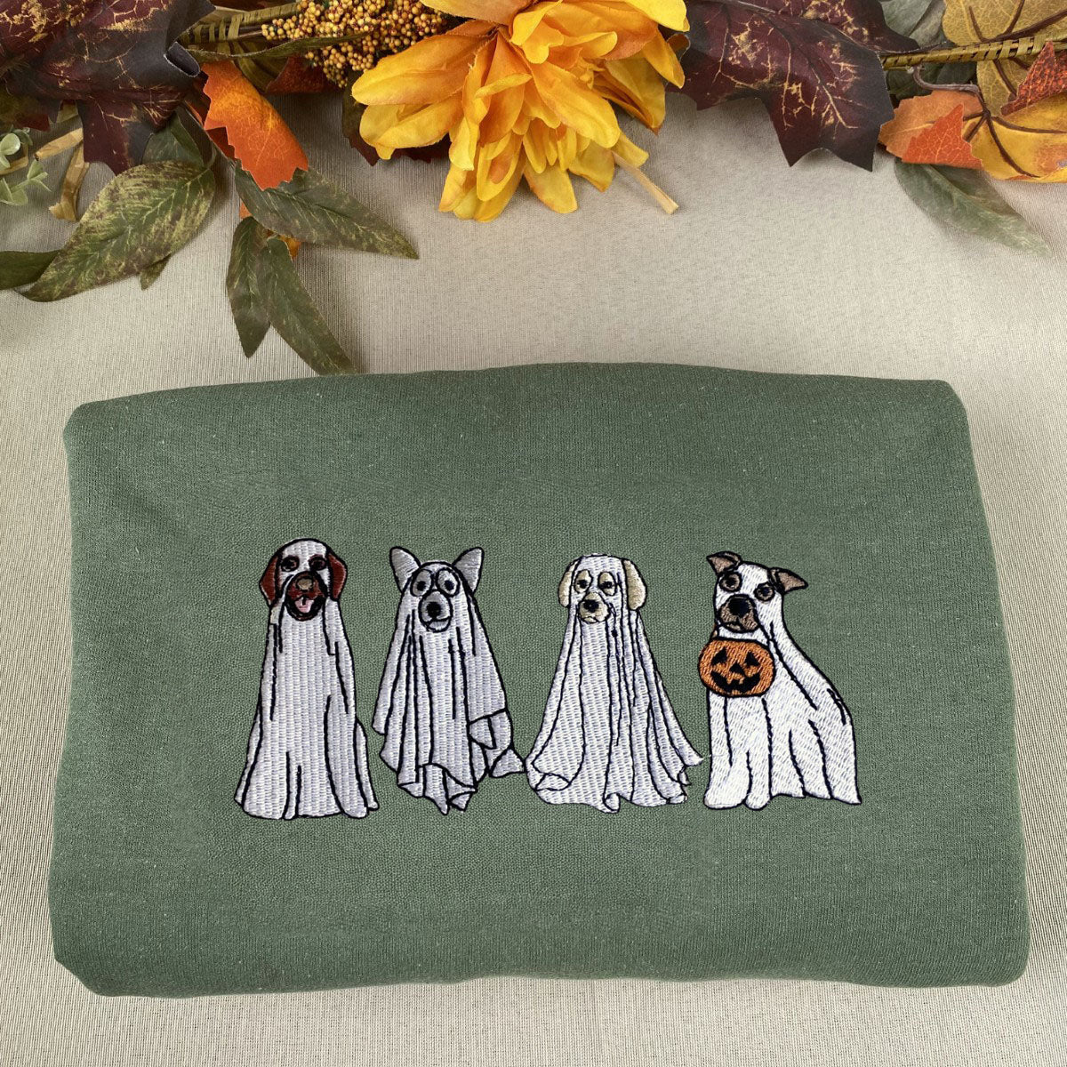 Cute Ghost Dog Halloween Sweatshirt Embroidered, Dog Lovers Crewneck or Hoodie EMHA2608