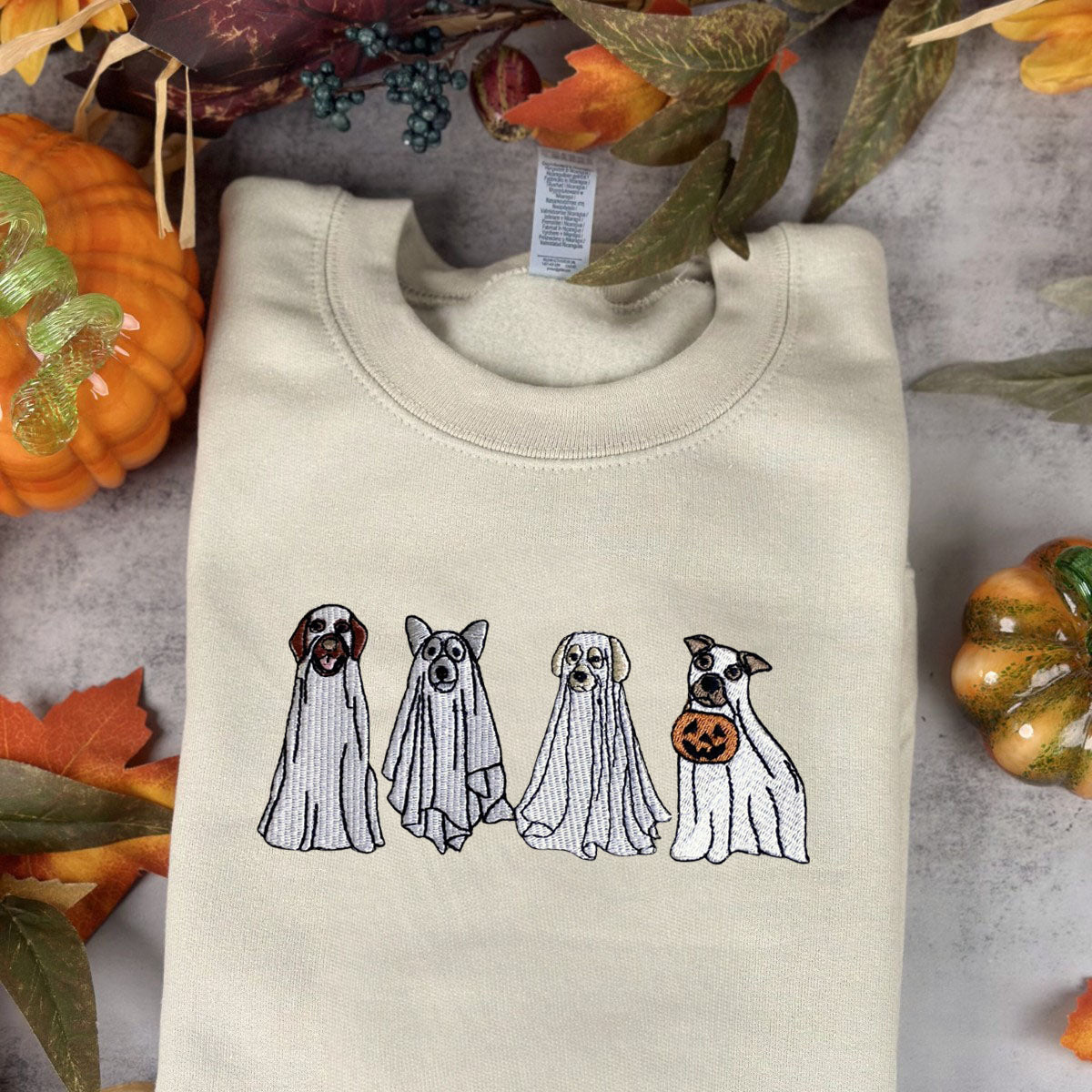 Cute Ghost Dog Halloween Sweatshirt Embroidered, Dog Lovers Crewneck or Hoodie EMHA2608