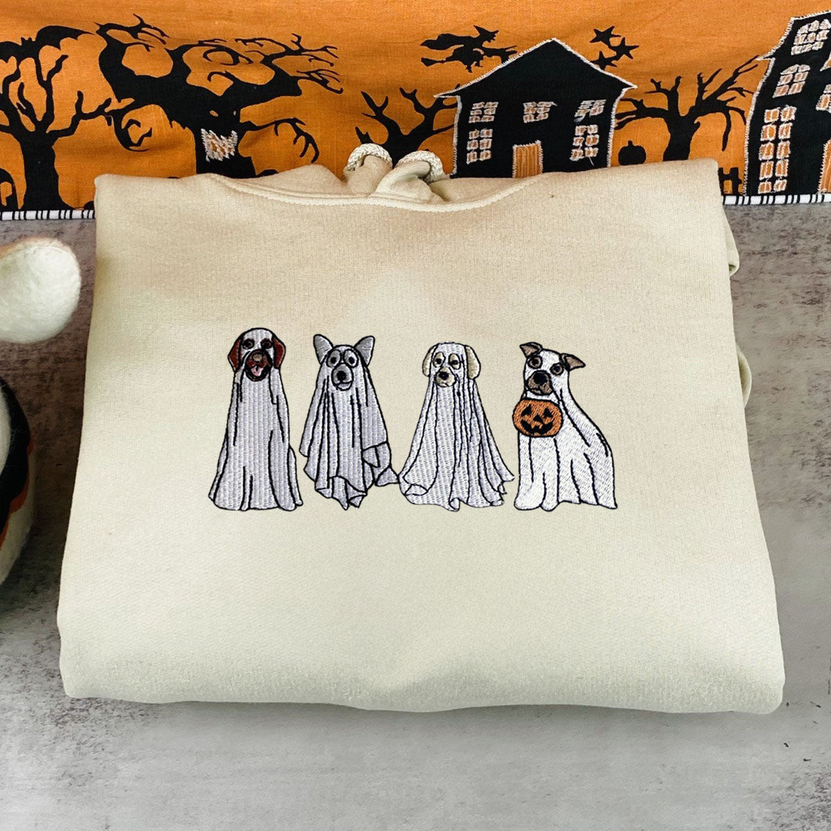 Cute Ghost Dog Halloween Sweatshirt Embroidered, Dog Lovers Crewneck or Hoodie EMHA2608