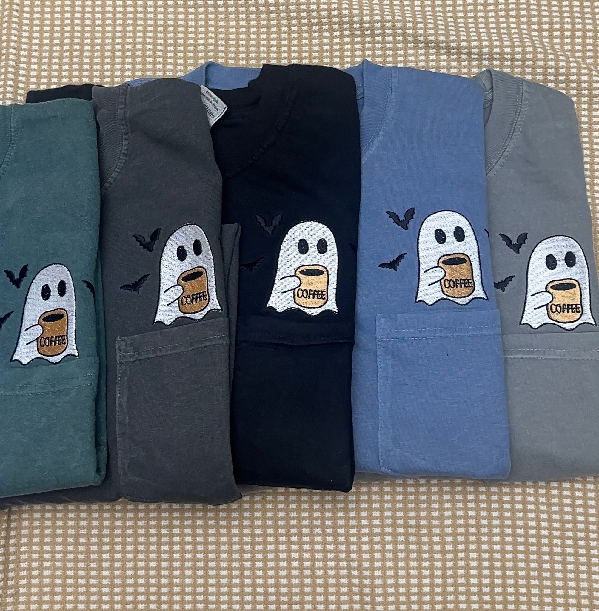 Cute pocket ghost, coffee ghost, bubble tea ghost comfort colors embroidered tee, halloween tshirt, spooky season thsirt EMHA2608