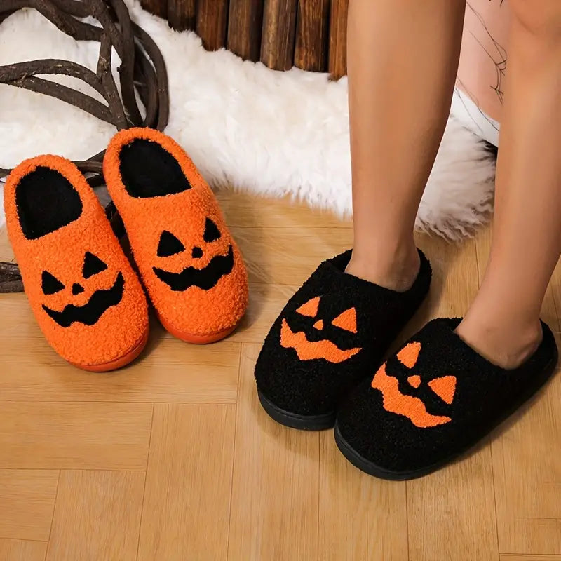 Cartoon Pumpkin Print Fuzzy Slippers, Slip On Soft Sole Platform Non-slip Shoes, Halloween Winter Plush Indoor Shoes SL0808 01