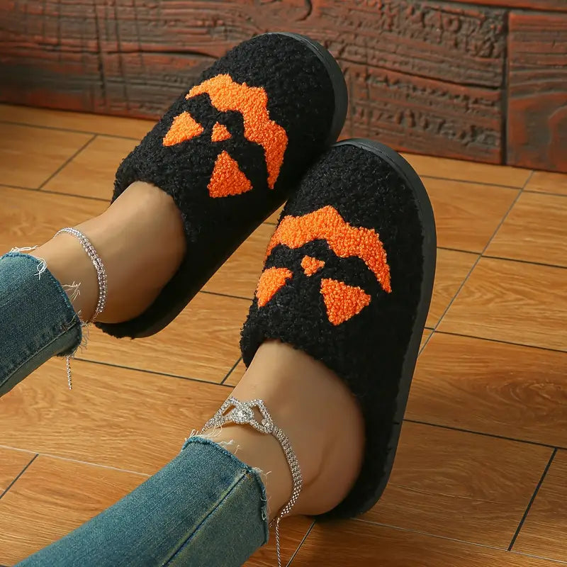 Halloween Pumpkin Design Slippers, Winter Cozy & Warm Slip On Fuzzy Shoes, Comfortable Indoor Floor Slippers SL0808 06