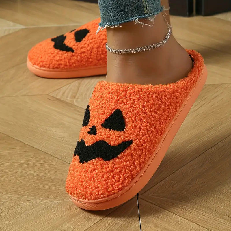 Halloween Pumpkin Design Slippers, Winter Cozy & Warm Slip On Fuzzy Shoes, Comfortable Indoor Floor Slippers SL0808 05