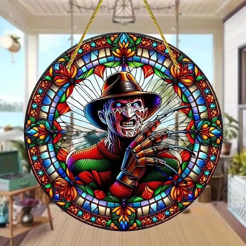 Contemporary Acrylic Hanging Ornament, Horror-Themed Stained Glass Suncatcher Style Decor, Round 8-inch Skull with Cowboy Hat Design, Indoor & Outdoor Decoration for All Seasons, Porch Window Decorative P ORHA2408