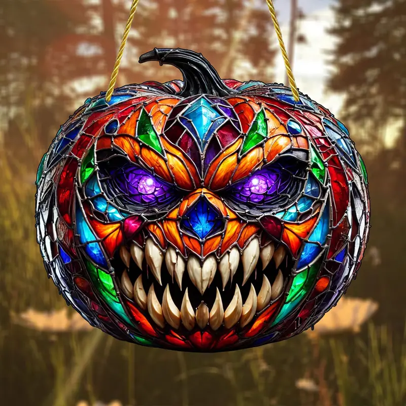 Halloween Horror Pumpkin Head Sun Catcher Pendant - Glam Style Acrylic Hanging Decor, General Fit Occasion, Stained Glass Appearance, Alien Emblem, Seasonal Gift, Window Display, Acrylic Wall Decor, Festi ORHA2408