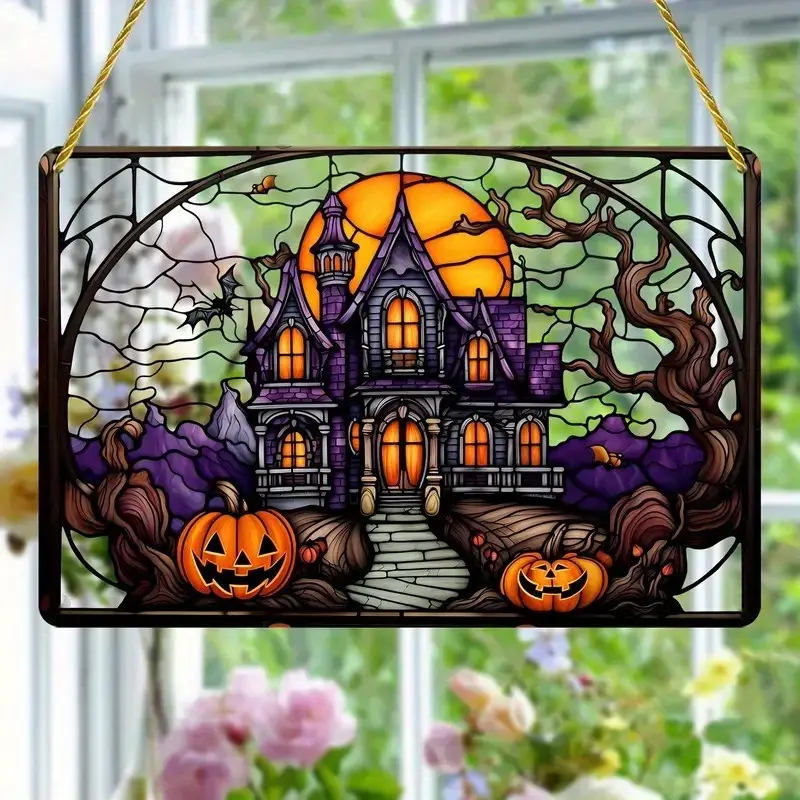 [Halloween] Halloween Horror Castle Pumpkin Translucent Suncatcher - Art Decor Style Acrylic Decorative Sign, Building Theme for Multipurpose Use - Ideal for Window, Porch, Wall, Home & Garden Decoration ORHA2408