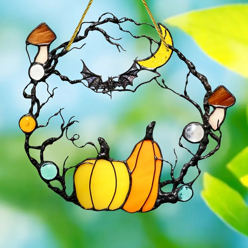 Halloween Suncatcher - Horror Themed Plastic Pumpkin Bat Moon Design, Stained Glass Style Acrylic Transparent Window Hanging Decor, Multipurpose Home & Wall Decoration, Ideal for Seasonal & Housewarming ORHA2408