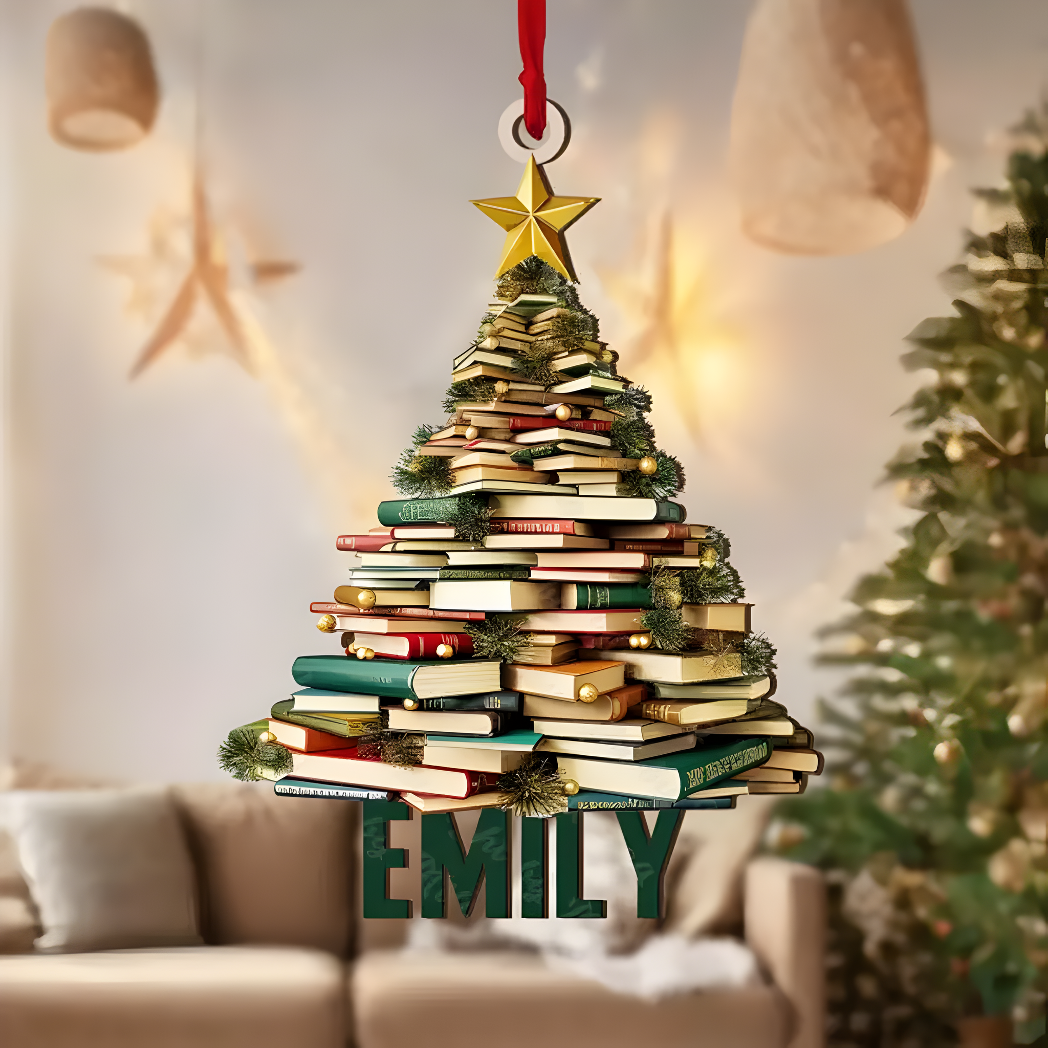 Customizable Book Christmas Tree Acrylic Keychain Pendant - Wall Mount, Adjustable, Casual Style Key Holder for Car, Backpack, Reading Ornament ORN2709