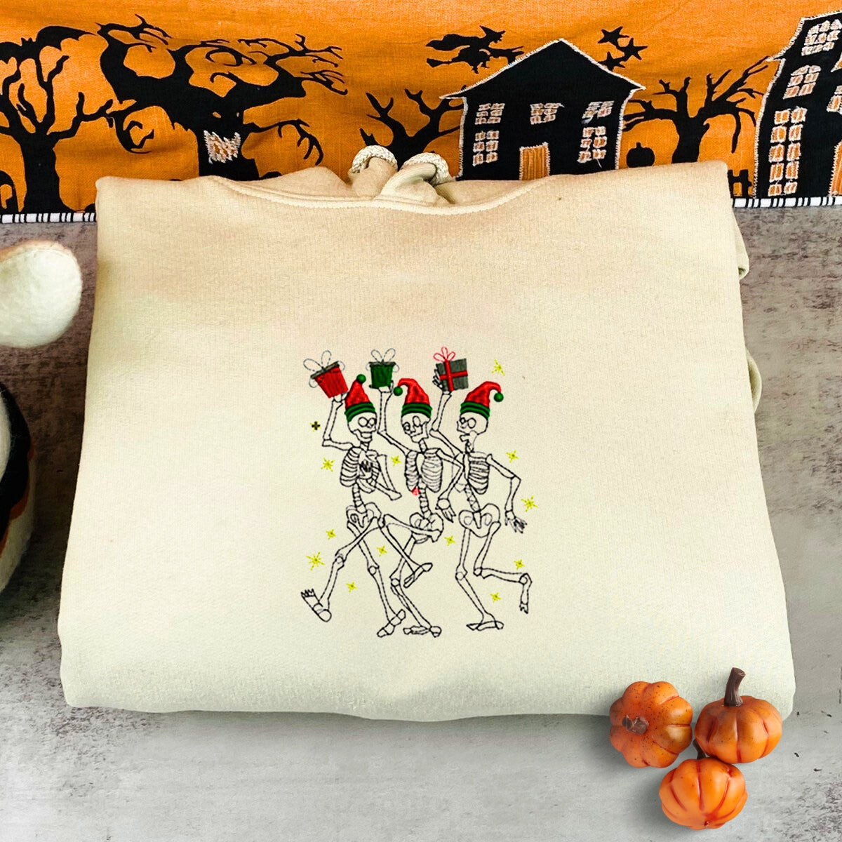 Dancing Skeletons Sweatshirt, Merry Christmas Crewneck Embroidered EMHA2608