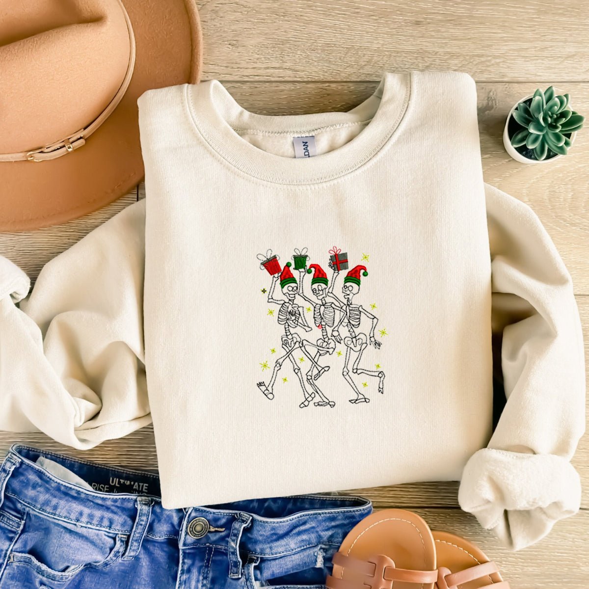 Dancing Skeletons Sweatshirt, Merry Christmas Crewneck Embroidered EMHA2608