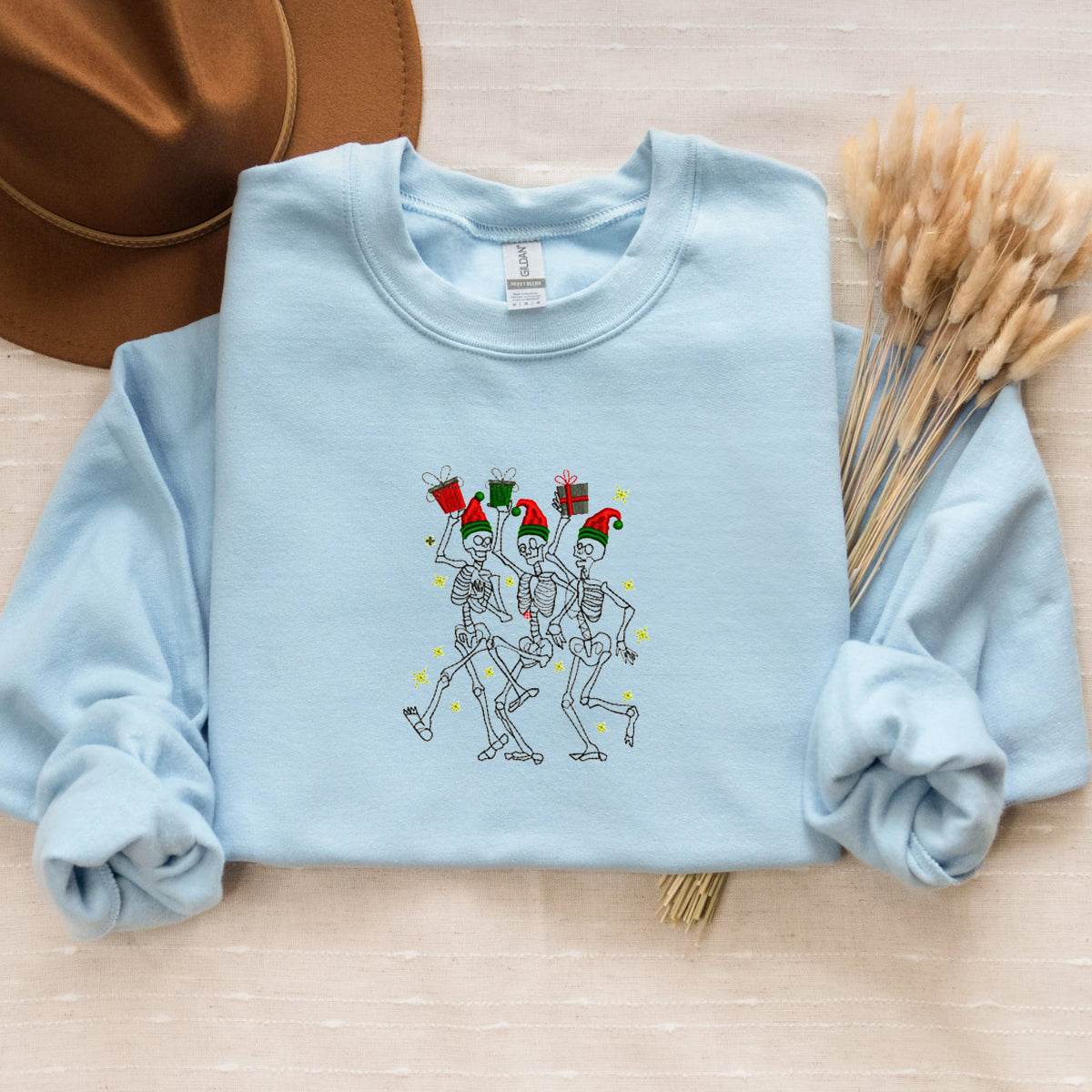 Dancing Skeletons Sweatshirt, Merry Christmas Crewneck Embroidered EMHA2608