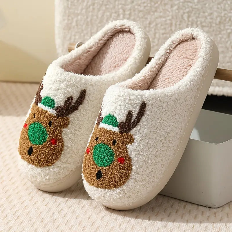 Cartoon Christmas Deer Print Slippers, Slip On Soft Sole Flat Non-slip Comfy Shoes, Winter Plush Home Warm Shoes
 SL0808 15