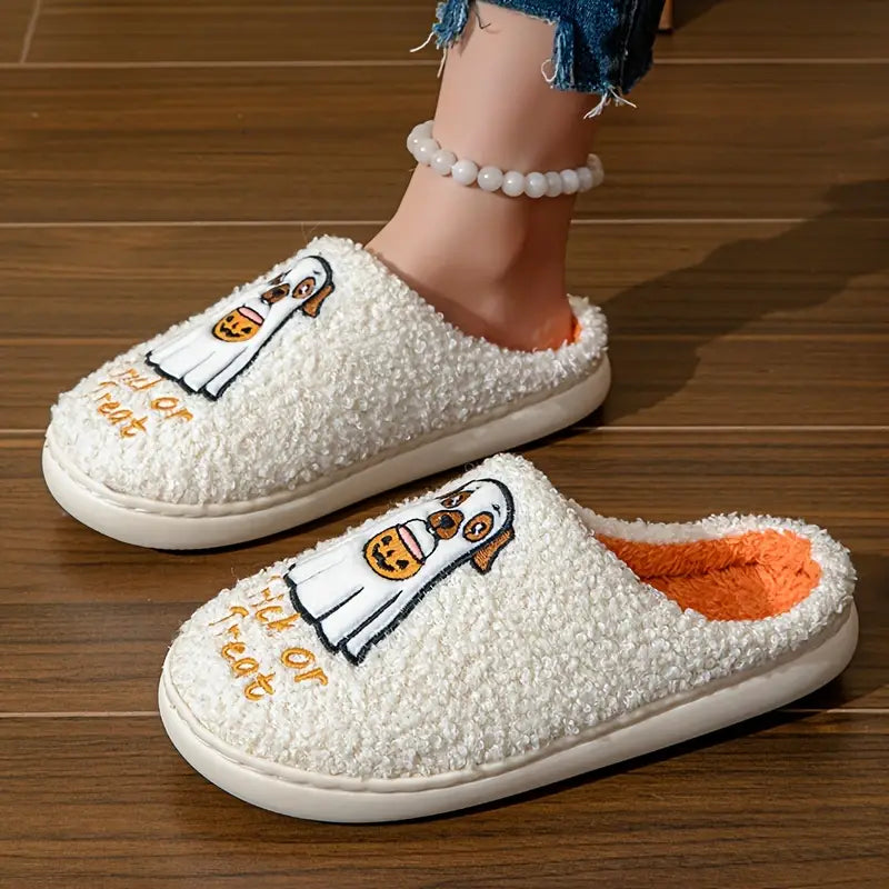 Spooky Halloween Ghost Plush Slippers For Women - Cozy Cartoon Puppet Design, Soft Tpr Sole, All-Season Indoor Footwear 
 SL0808 20