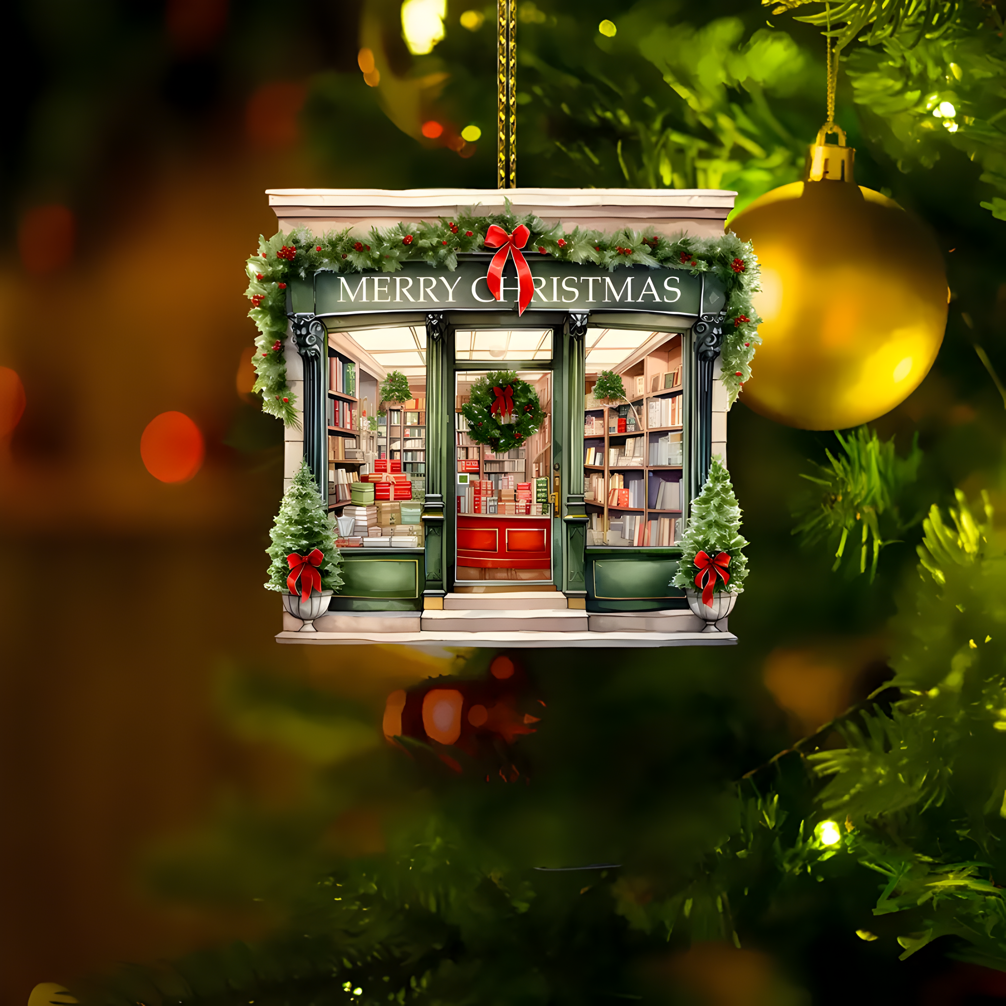 Whimsical Personalized 2D Acrylic Christmas Library Wreath Ornament - Unique Multiholiday Booklover Gift, Festive Tree Decoration with No Electricity Needed ORN2709