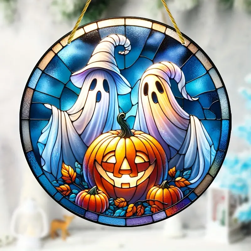 Spooky Ghosts & Pumpkins Suncatcher - 8x8 Acrylic Stained Glass Window Hanging, Perfect for Halloween Decor Indoors & Outdoors, Porch, Garden, Bedroom, Office - Unique Gift Idea ORHA2408