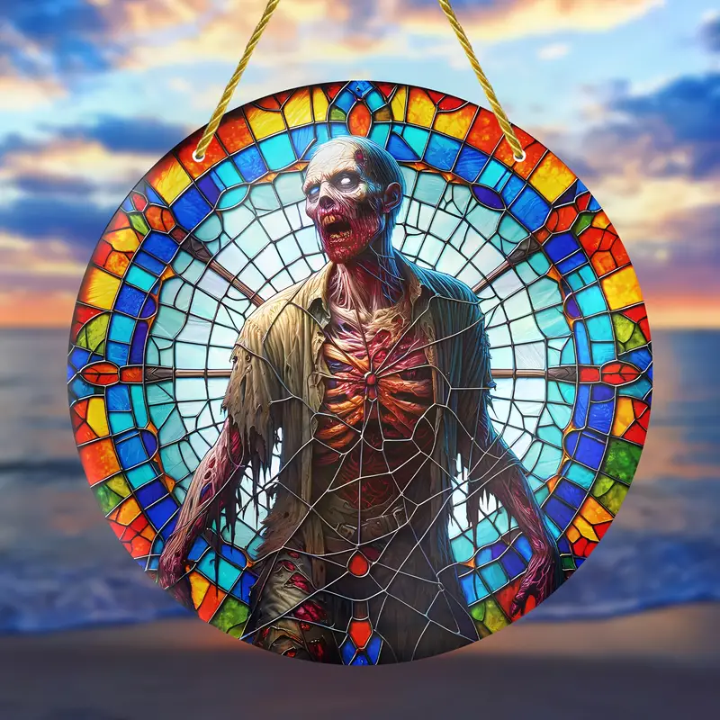Halloween Suncatcher - 8x8 Zombie Decoration Horror Theme Art - High-Quality Wall Hanging for Indoor & Outdoor Decor, Ideal for Patio, Office, Bedroom, and Home - Unique Birthday or Housewarming Gift ORHA2408